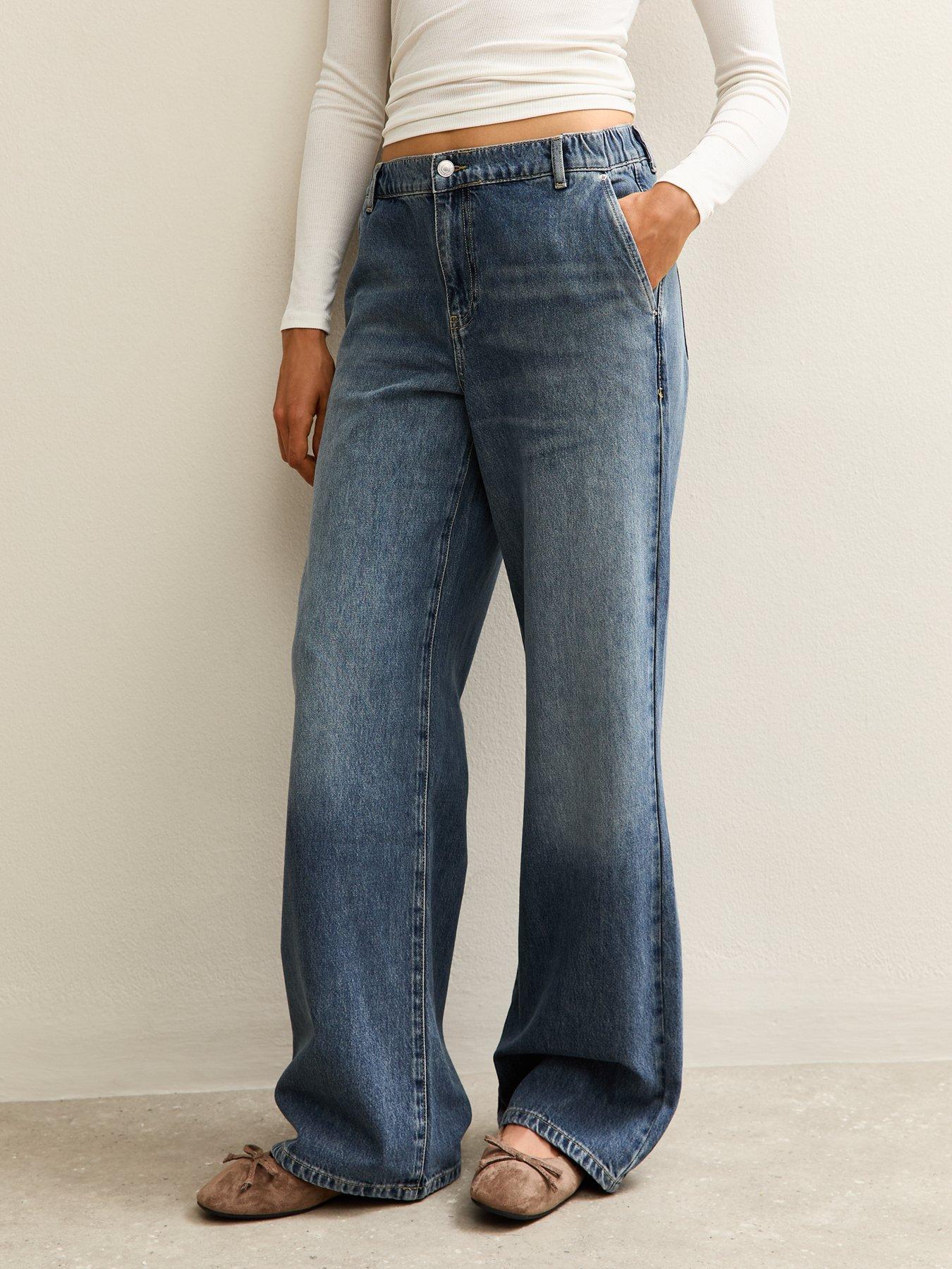 undefined Mid-Rise Elasticated Waist Wide Leg Jeans - Blue