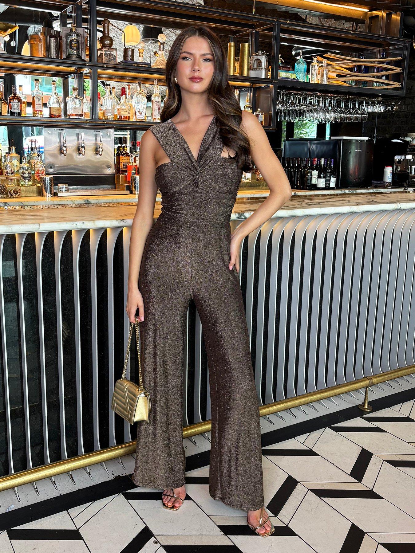 AX Paris Sparkle Knot Detail Wide Leg Jumpsuit - Brown