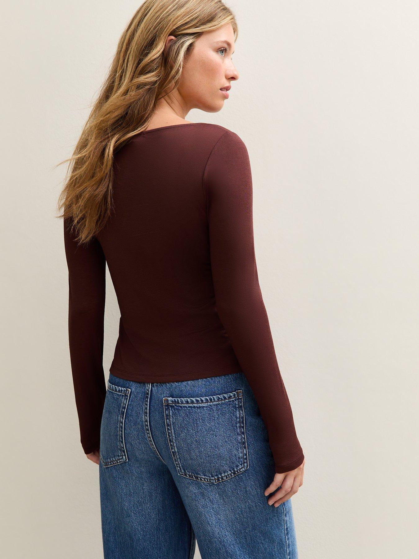 Image 2 of 4 of New Look Button Through Long Sleeve Top - Brown