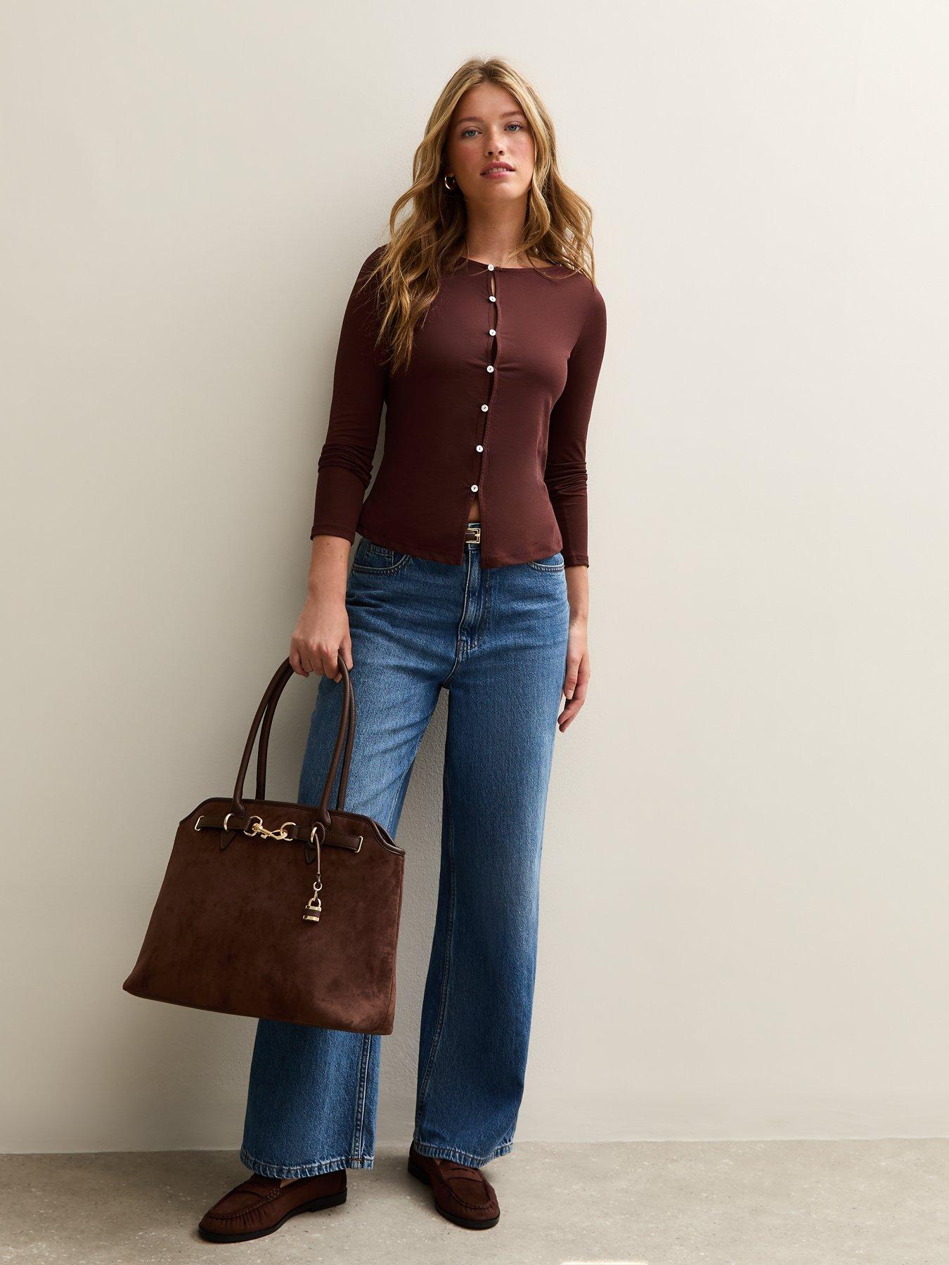 Image 3 of 4 of New Look Button Through Long Sleeve Top - Brown