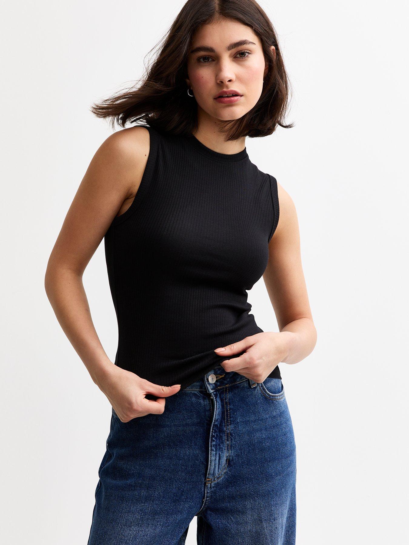 undefined Ribbed High Neck Tank Top - Black