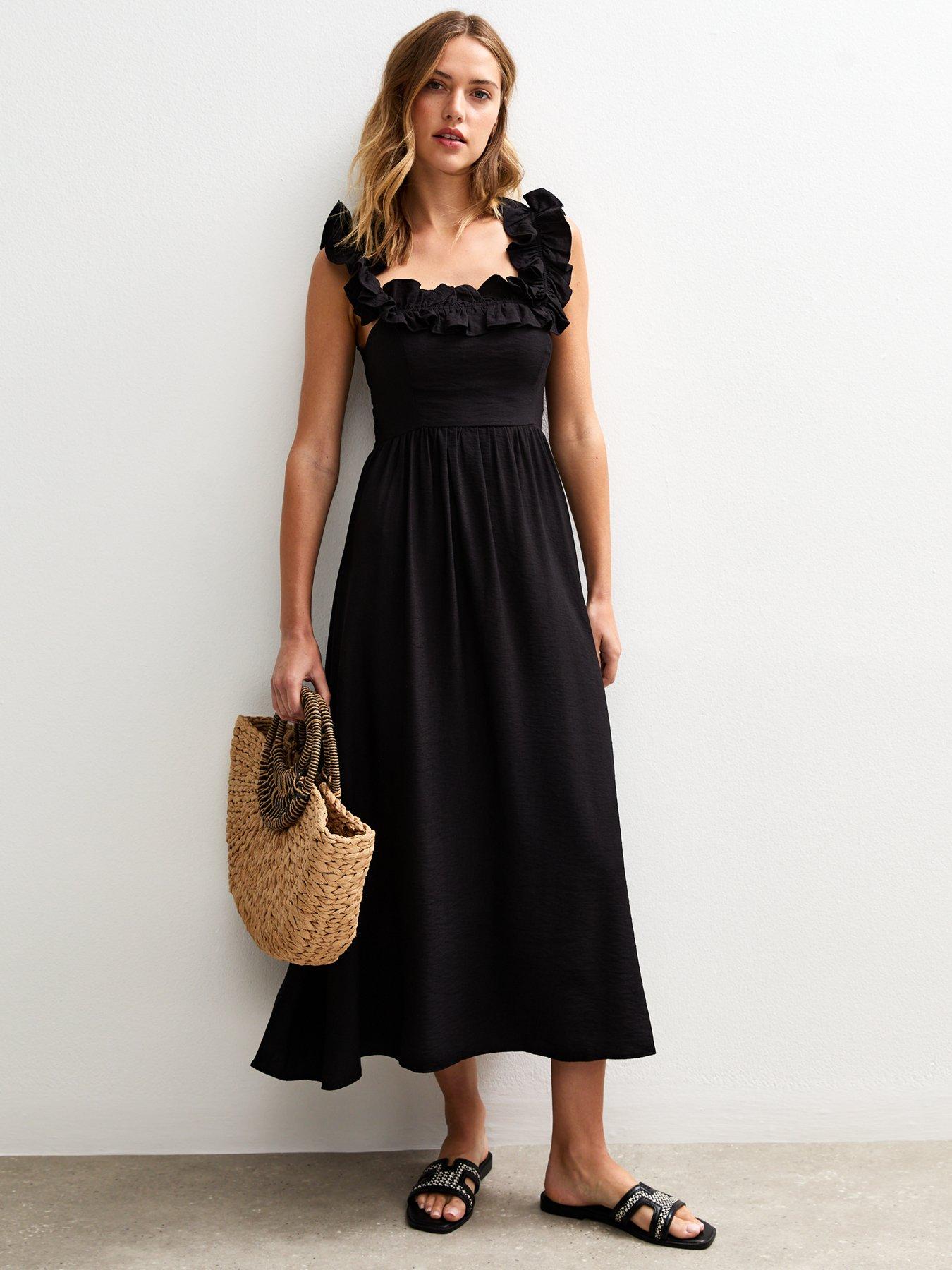 undefined Black Square Neck Ruffled Bow Tie Back Midi Dress