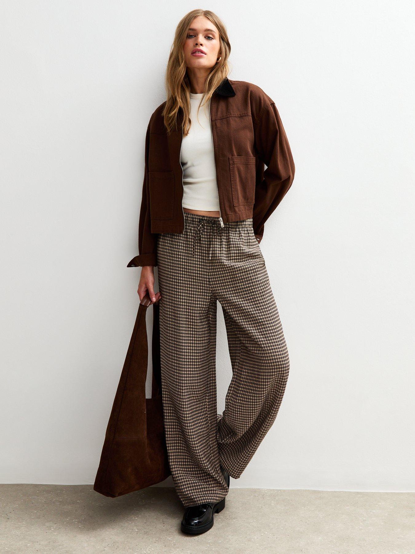 undefined Checked Wide Leg Trousers - Brown