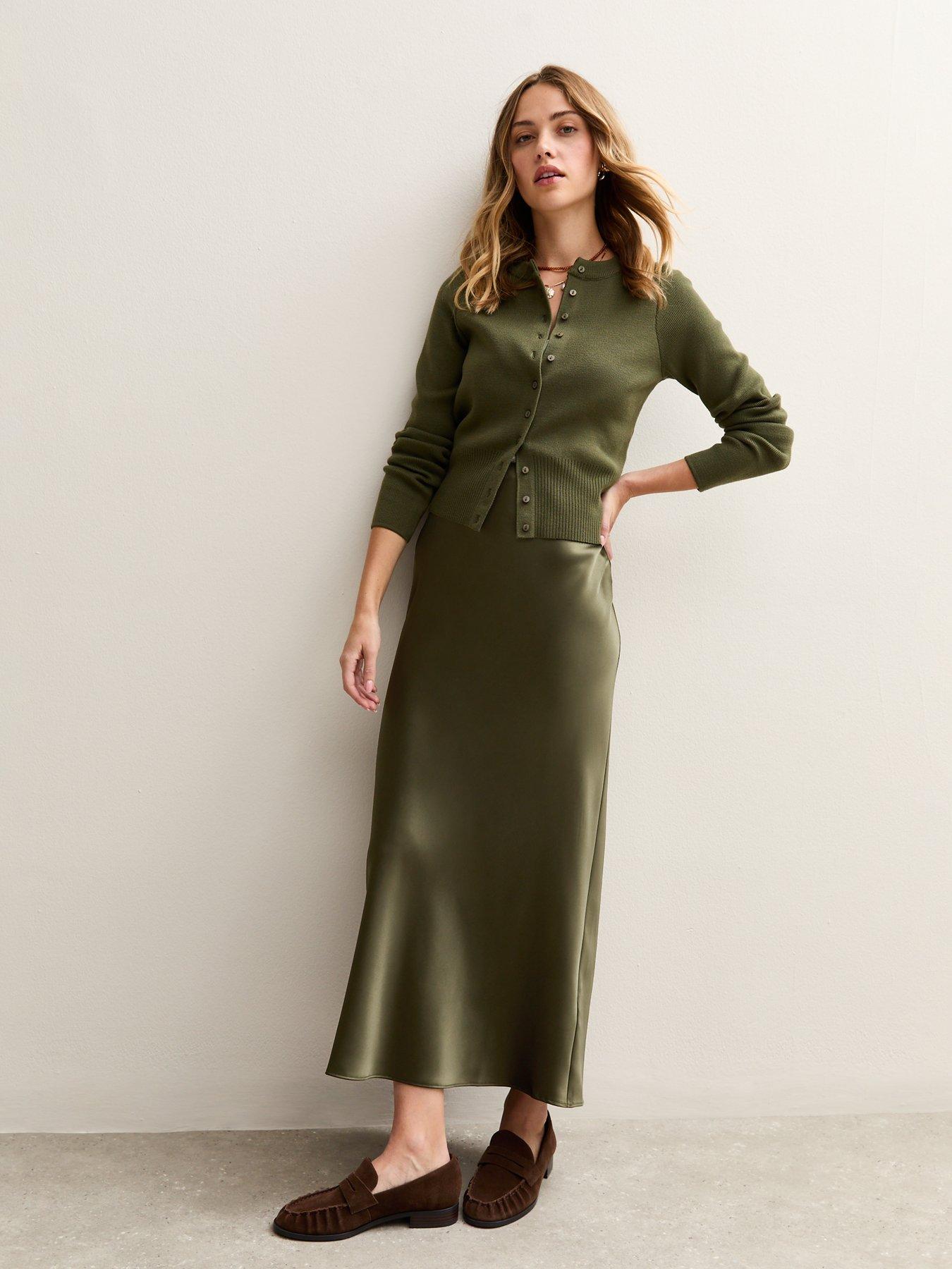 undefined Light Khaki Satin Bias Cut Midi Skirt - Green