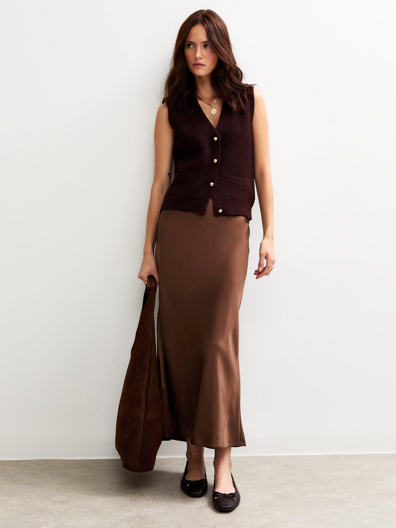 New Look Satin Bias Cut Midi Skirt Dark Brown Very