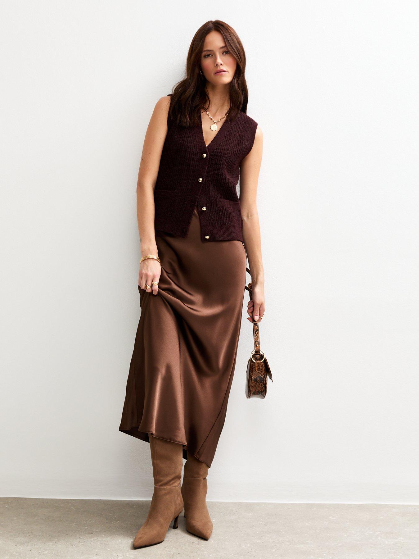 New Look Satin Bias Cut Midi Skirt Dark Brown Very
