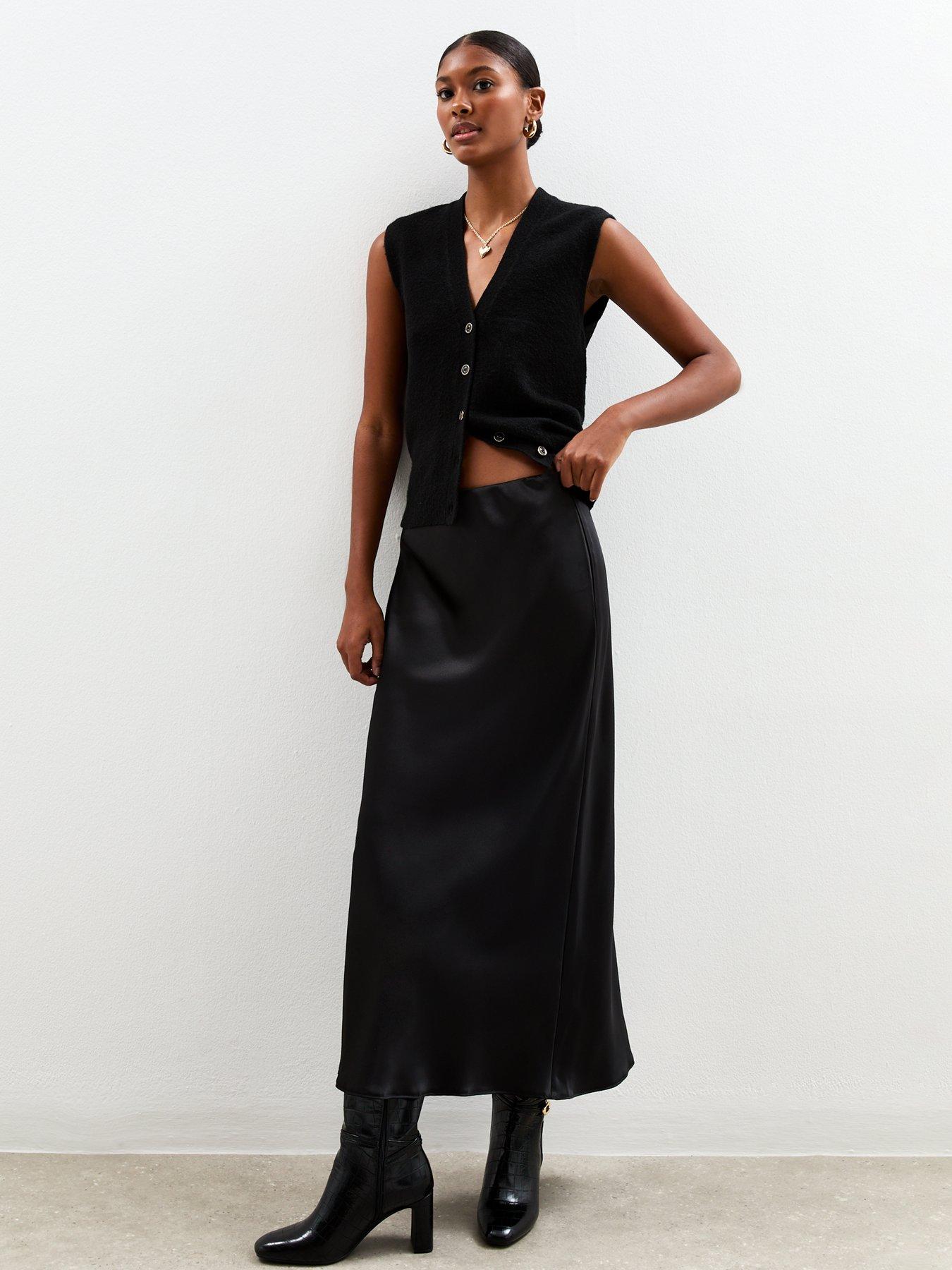 undefined Satin Bias Cut Midi Skirt - Black