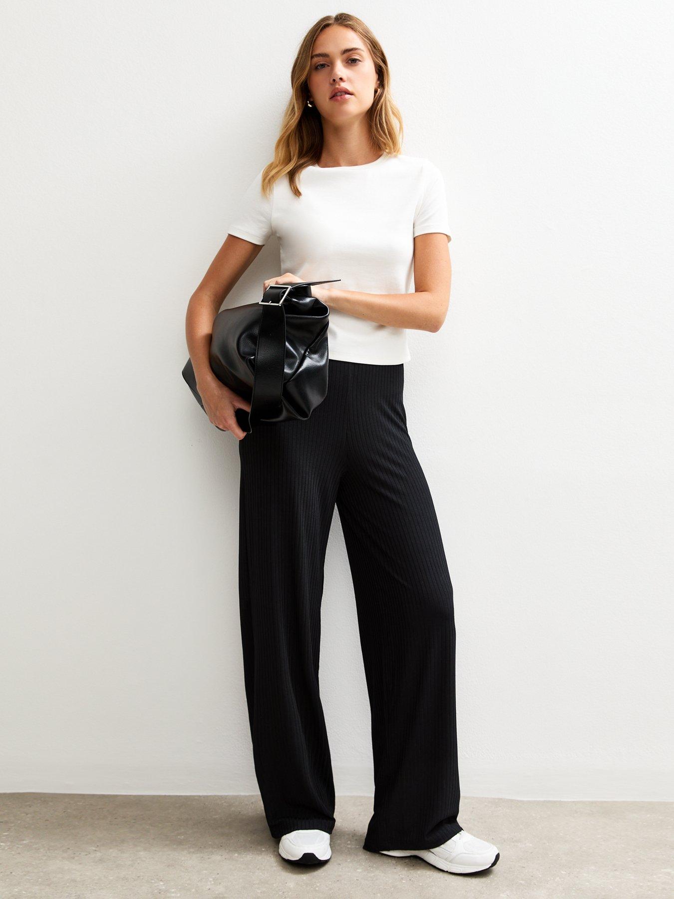 undefined Ribbed Wide Leg Trousers - Black