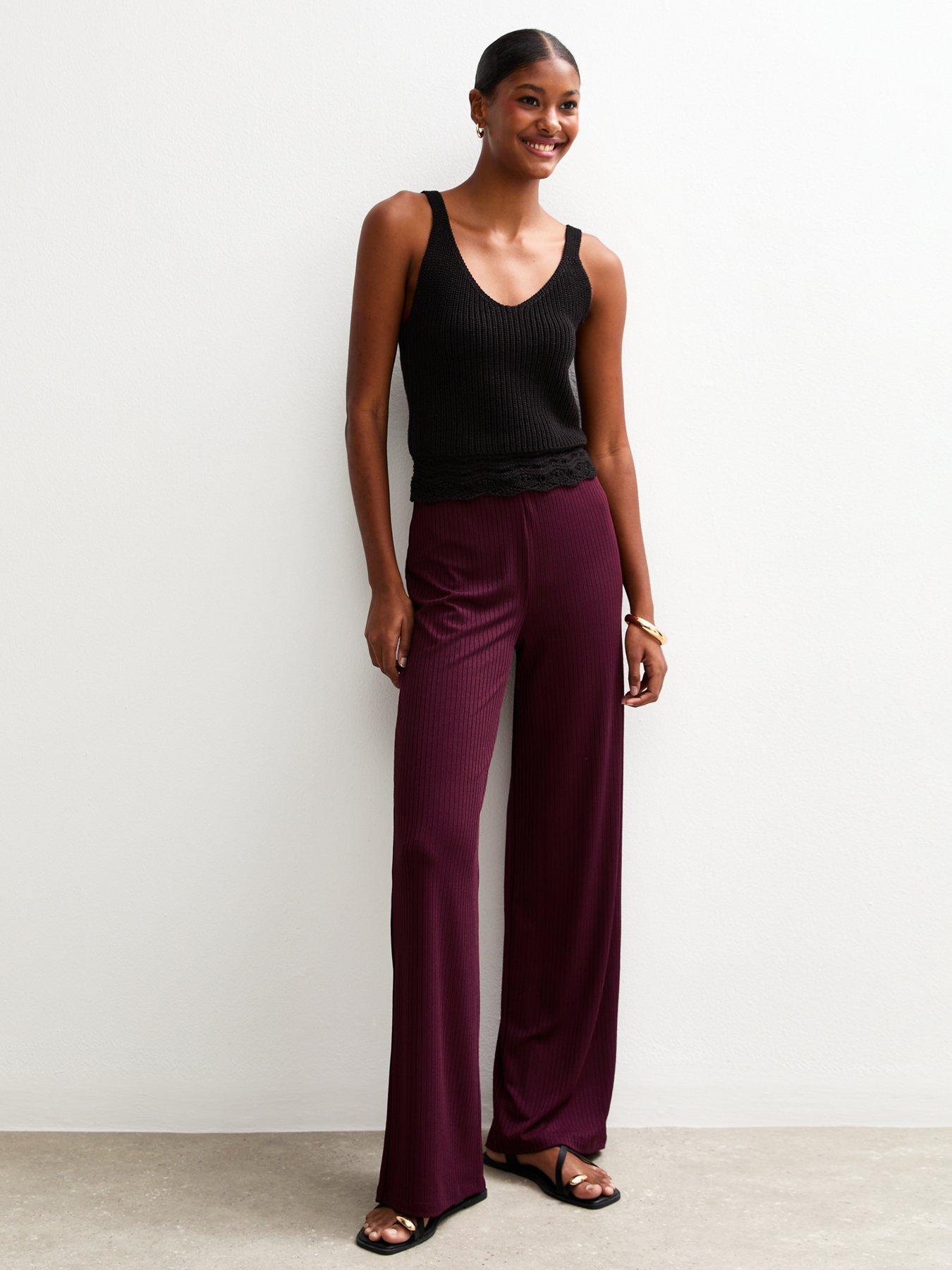 undefined Dark Burgundy Ribbed Wide Leg Trousers - Red
