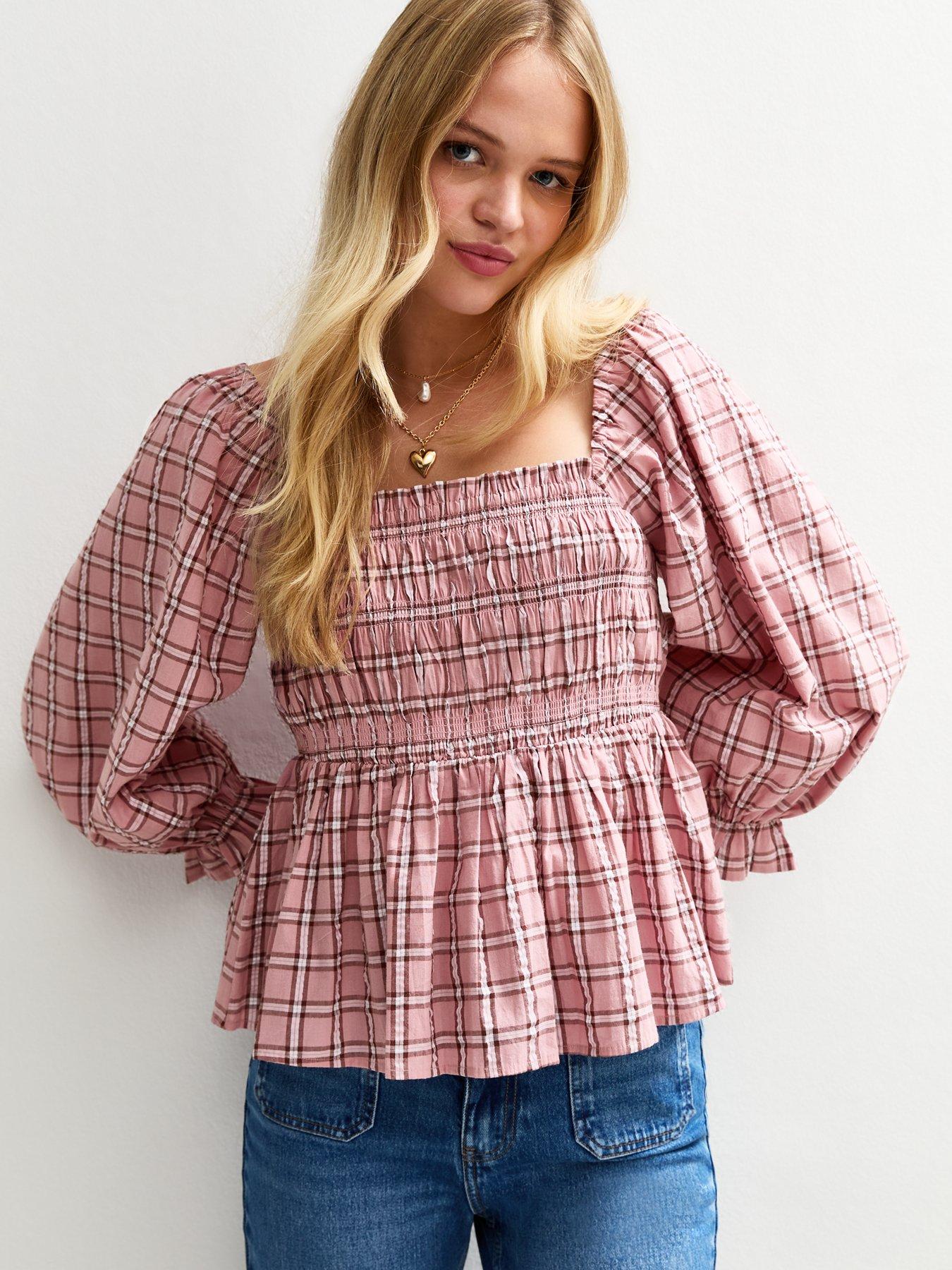 undefined Shirred Checked Frilly Trim Top - Pink