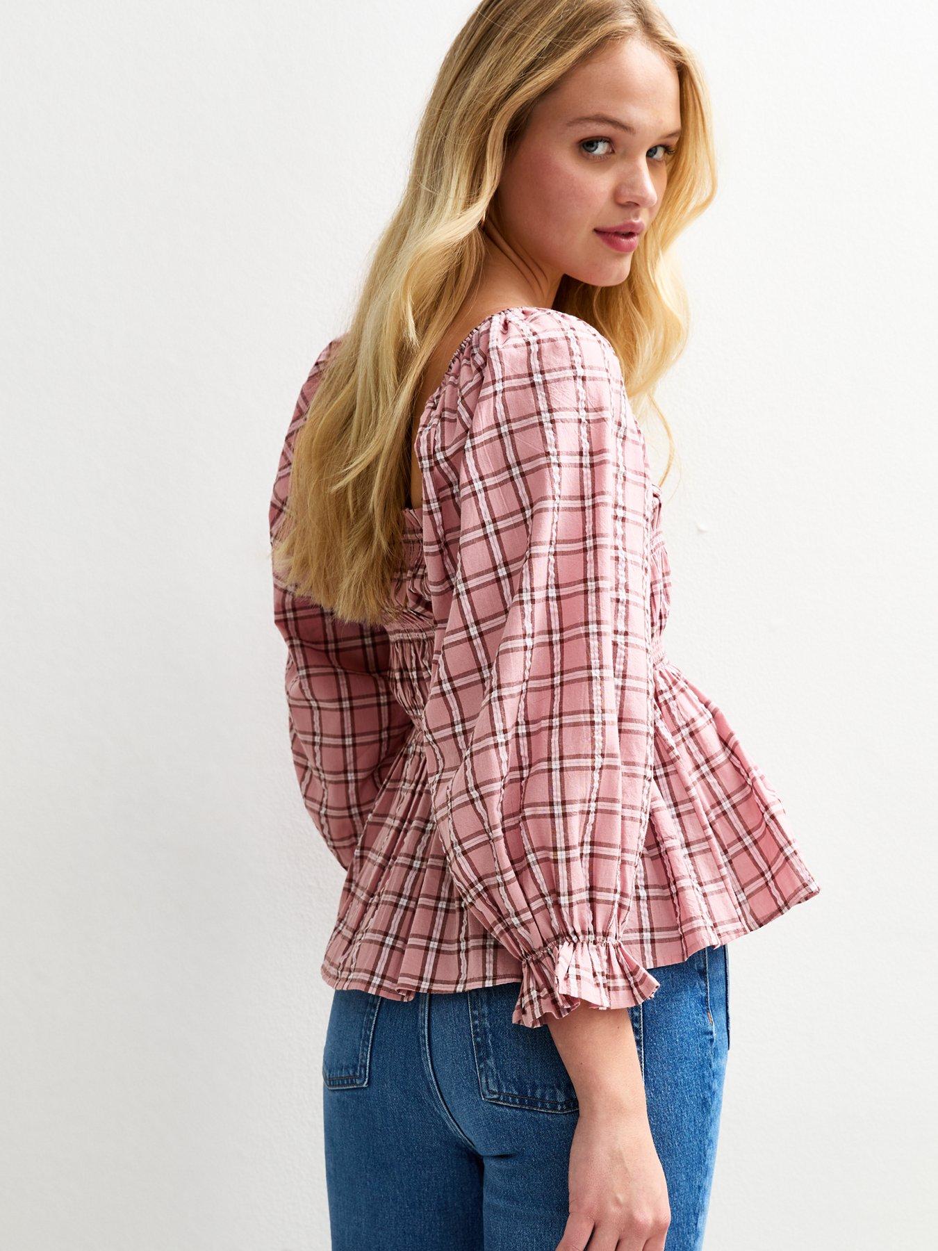 New Look Shirred Checked Frilly Trim Top - Pink | Very