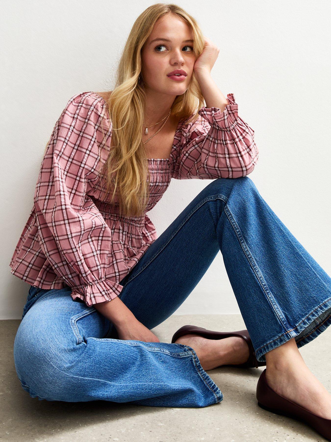 New Look Shirred Checked Frilly Trim Top - Pink | Very