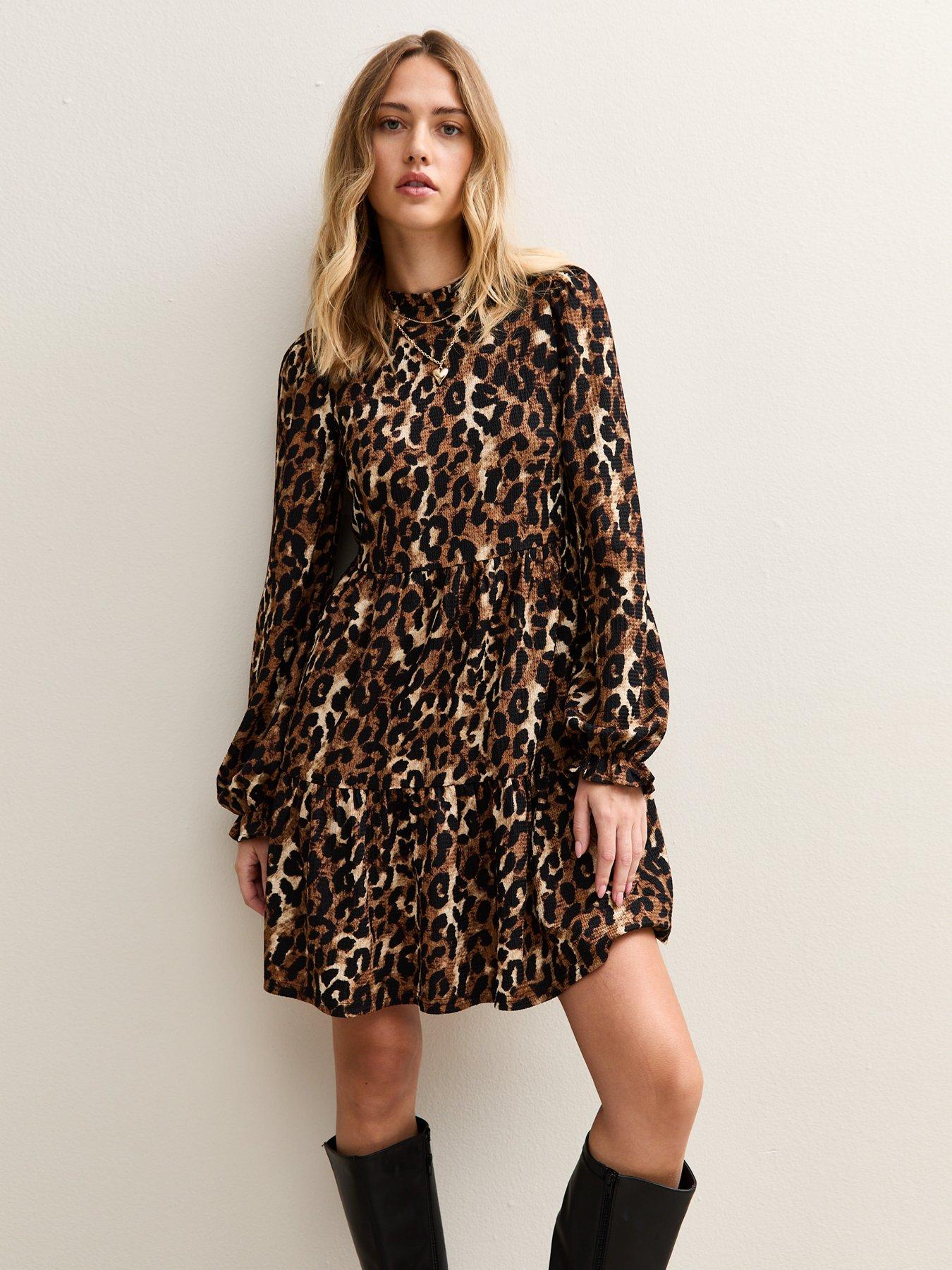 Allegra K Women's Leopard Print Smock Dress - Long Sleeve, Ruffle Hem, Casual & Party Ready