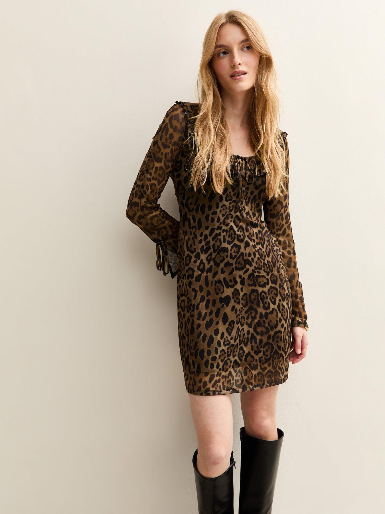 undefined Leopard Print Mesh Scoop Neck Tie Detail Mini Dress - Brown