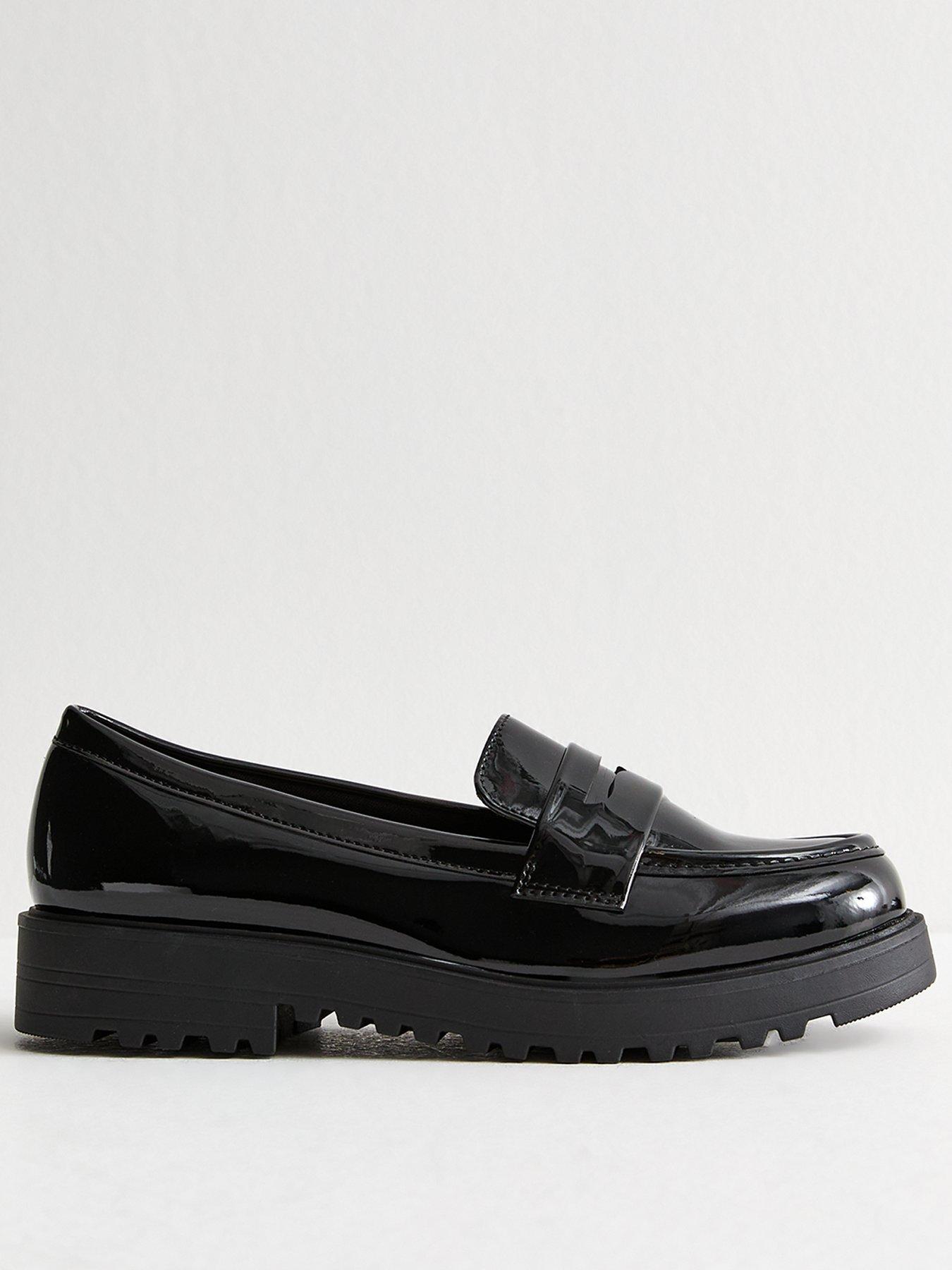New Look Wide Fit Patent Faux Leather Chunky Penny Loafers - Black