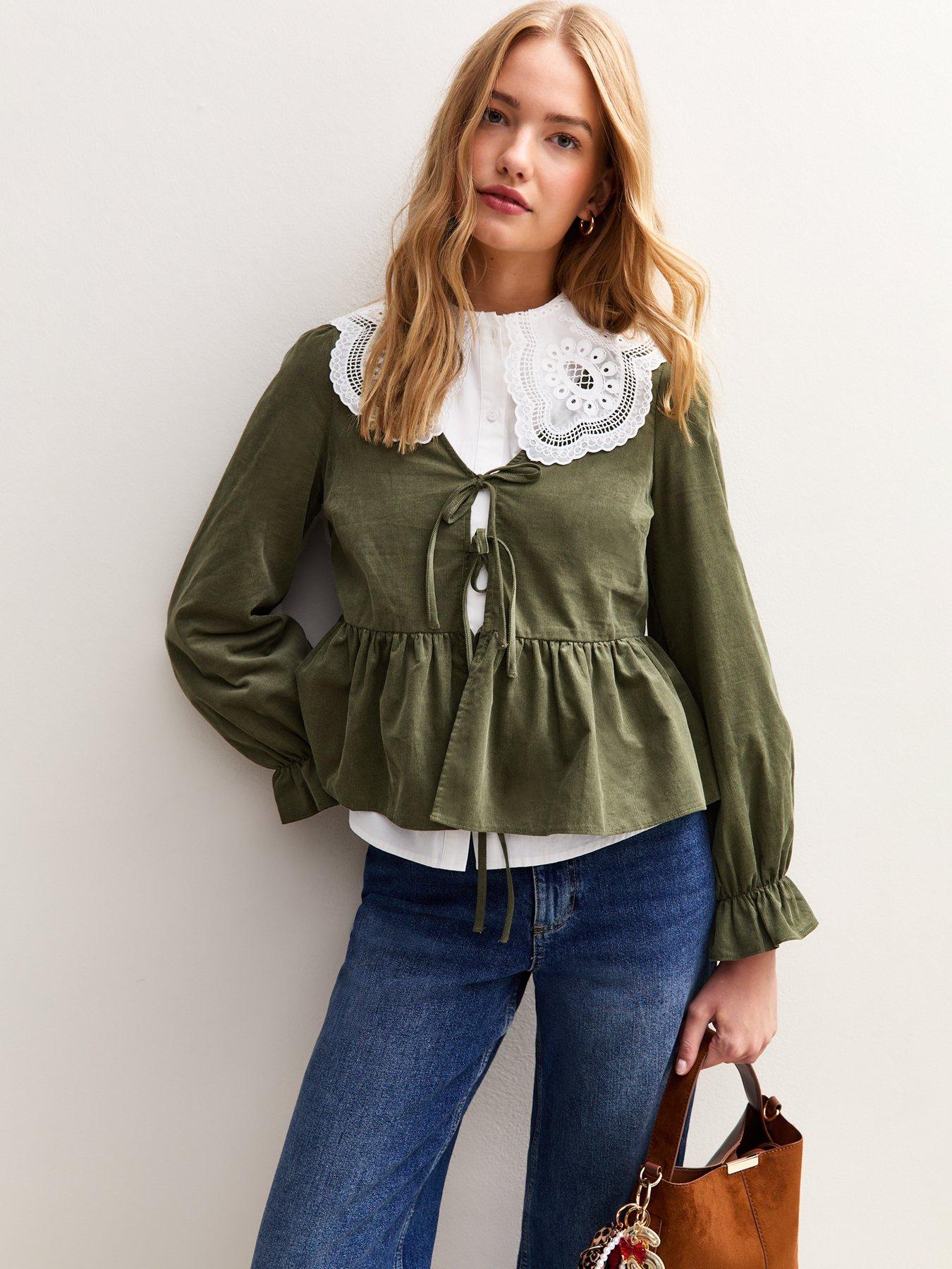 New Look Khaki Corduroy Tie Front Peplum Shirt - Green