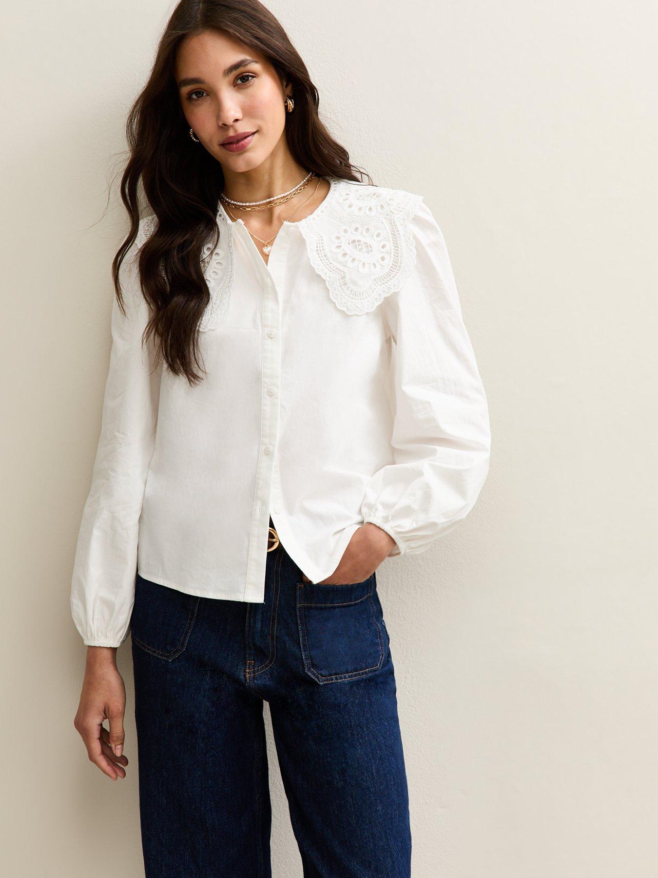 undefined Embroidered Scallop Collar Long Sleeve Shirt - White
