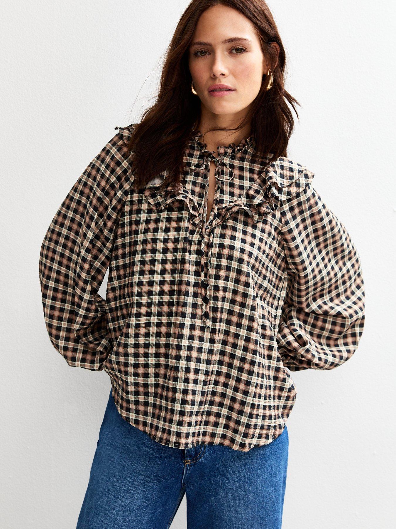 undefined Brown Checked Frill Collar Balloon Sleeve Blouse