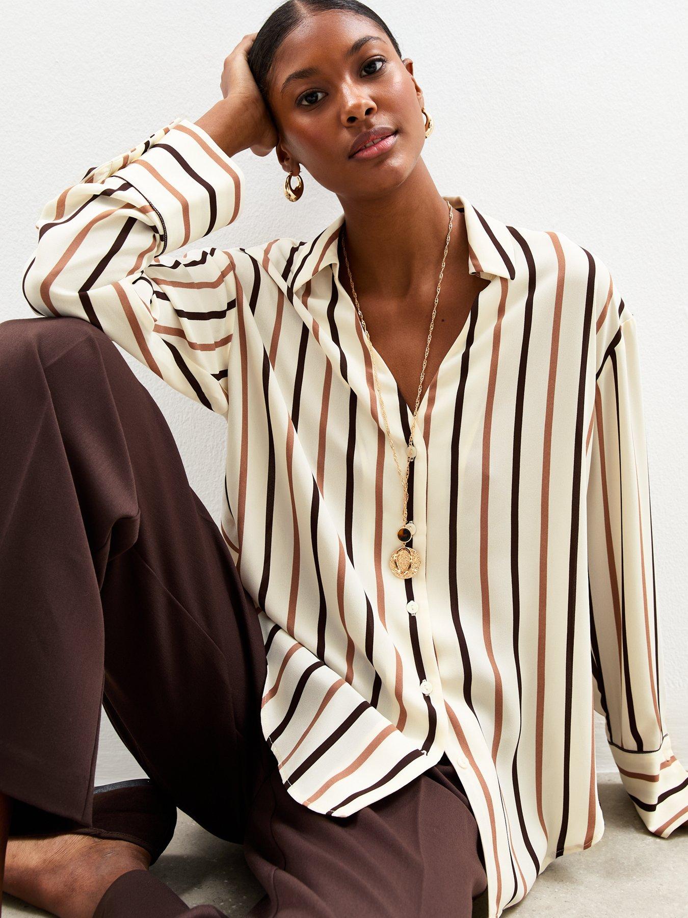 New Look Striped Curved Hem Shirt - Brown