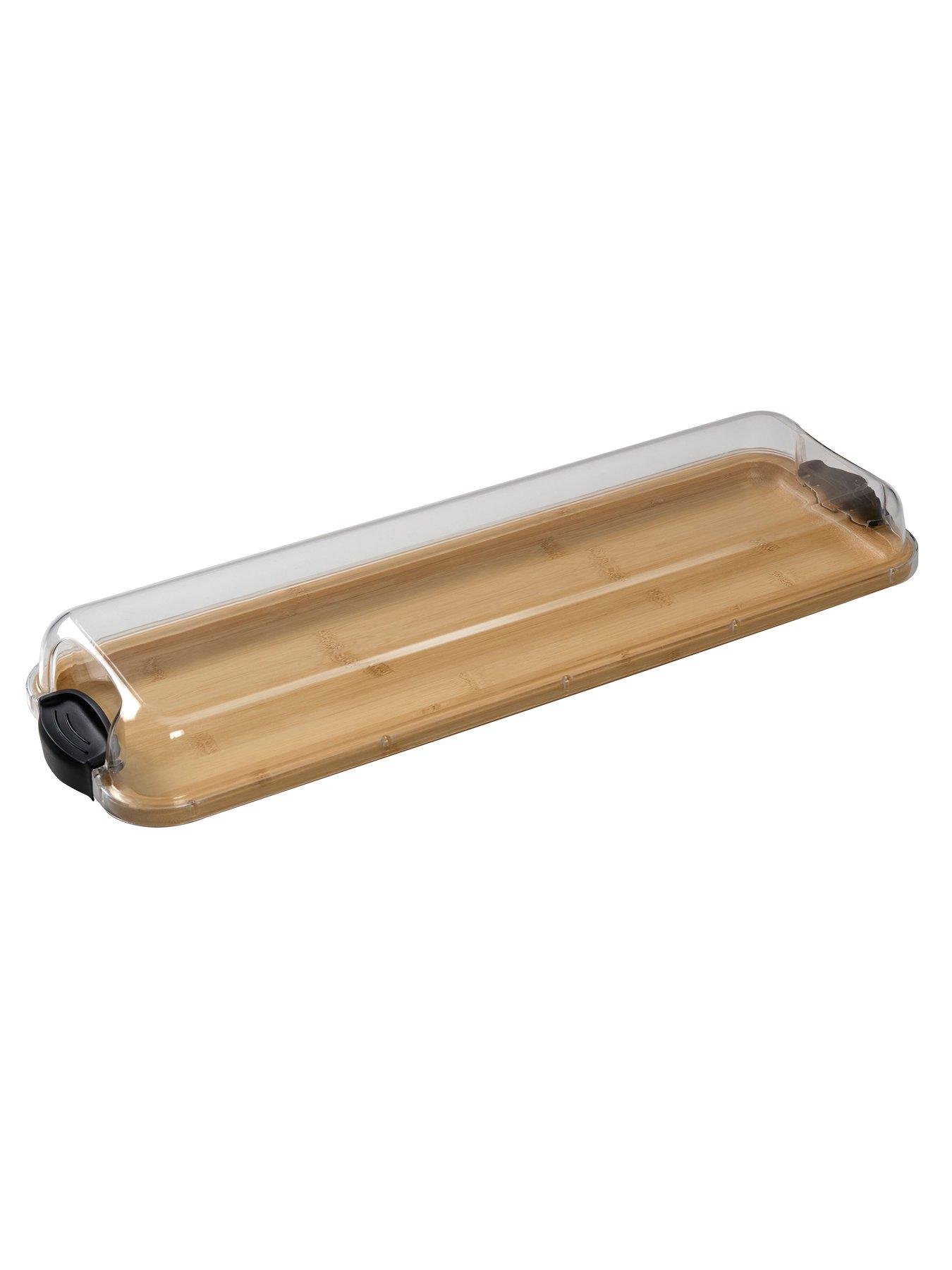 Faberware Large Build-a-board Bamboo Serving Platter, Long Rectangle Portable Snack Box With Clear Bpa-free Lid And Black Locking Handles, 17.5 X 56cm