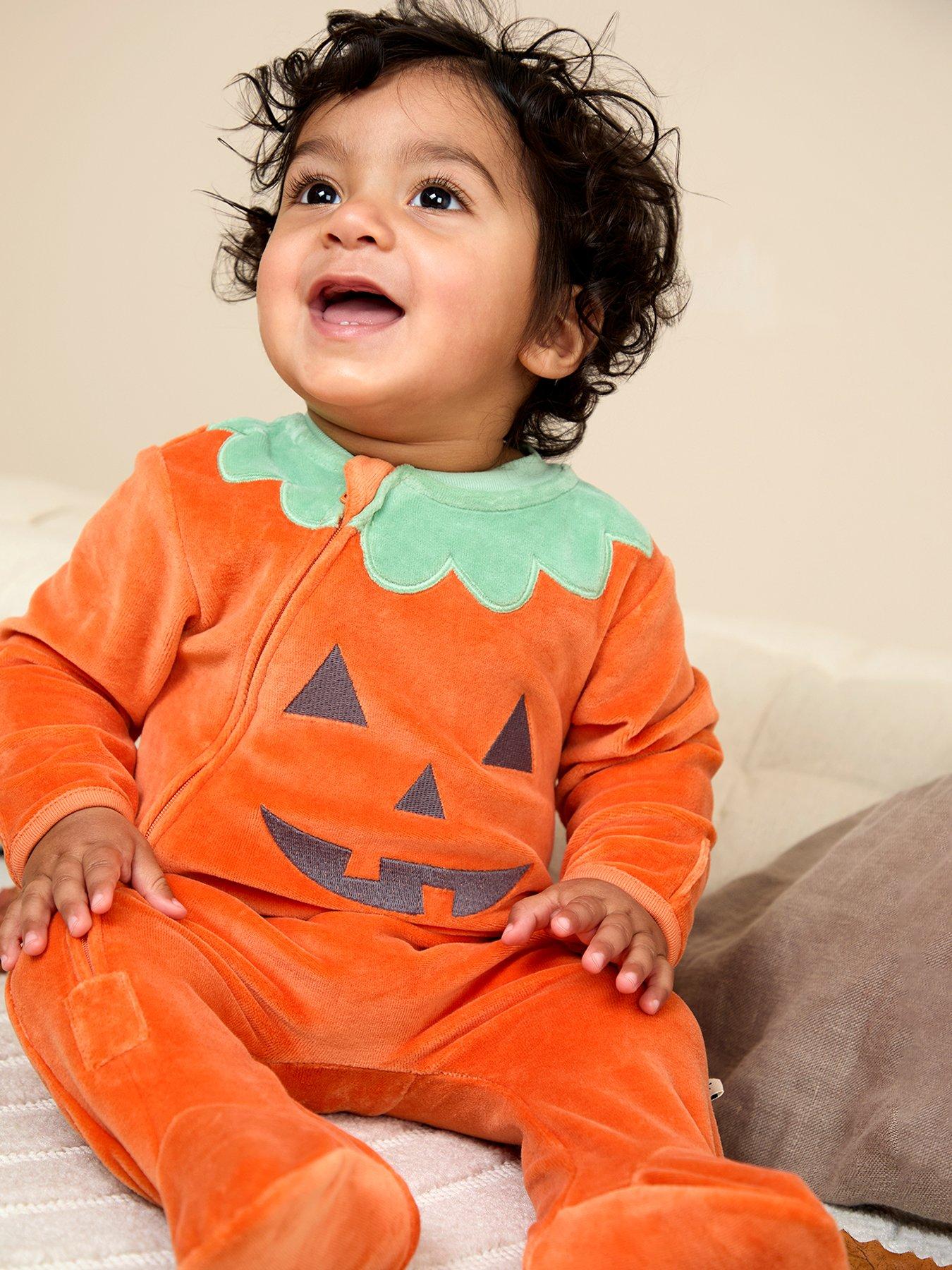 JoJo Maman Bebe Baby Unisex Velour Pumpkin All-In-One  &  Hat Set - Orange