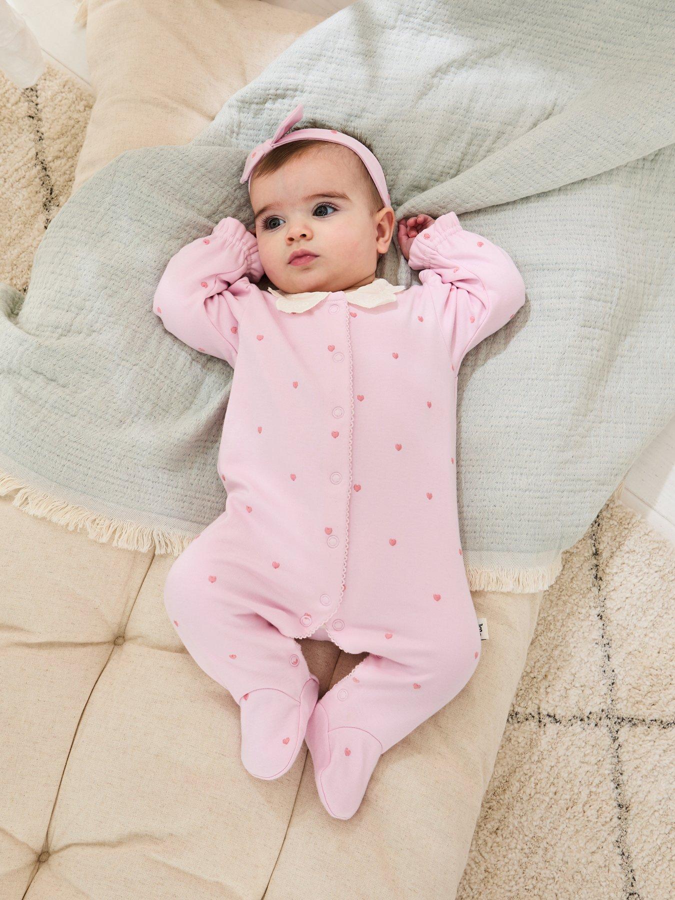 JoJo Maman Bebe Baby Girls 2-Pack Embroidered Heart Sleepsuit  &  Headband Set - Pink