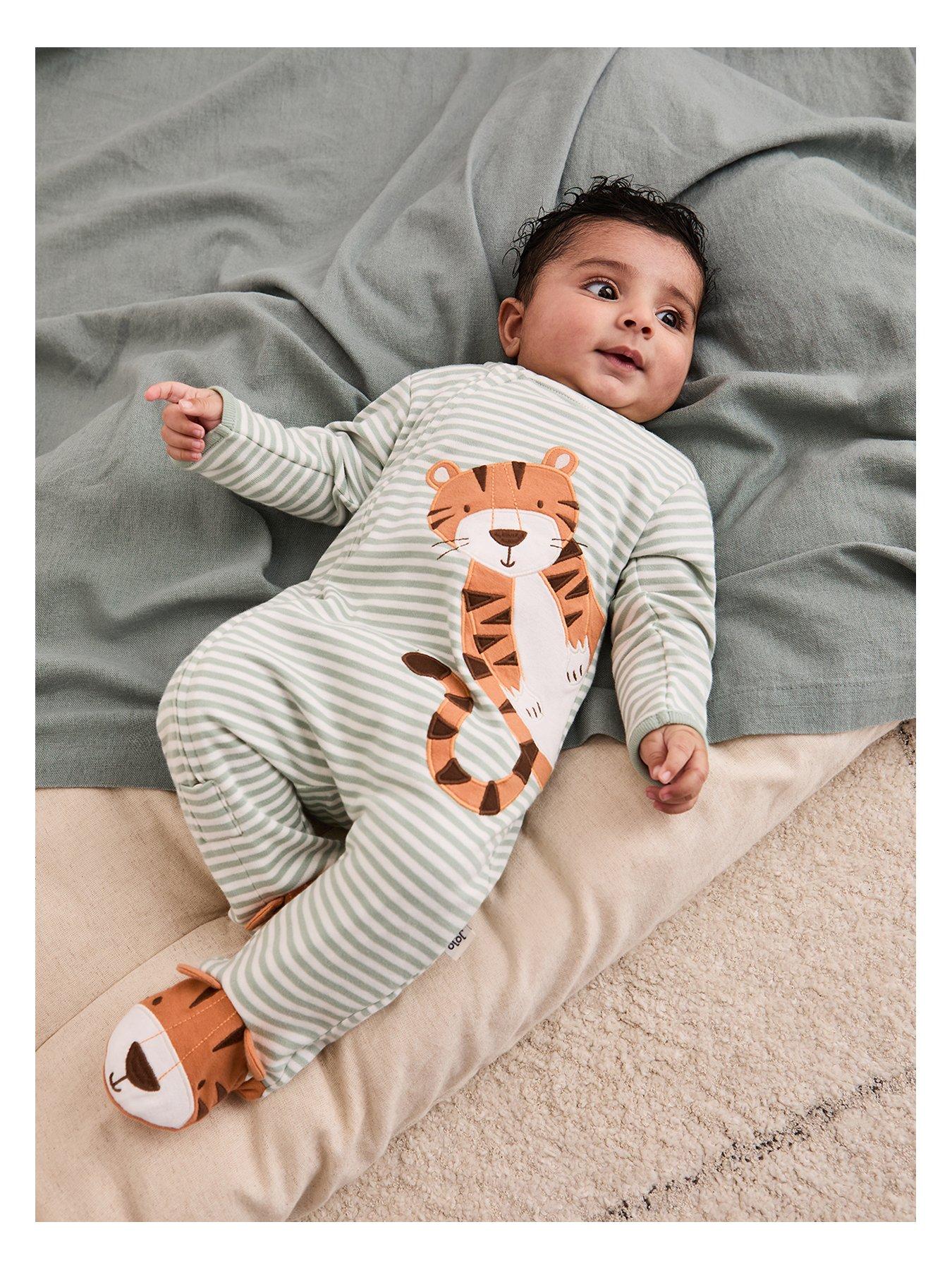 JoJo Maman Bebe Baby Boys Tiger Applique Zip Sleepsuit - Green