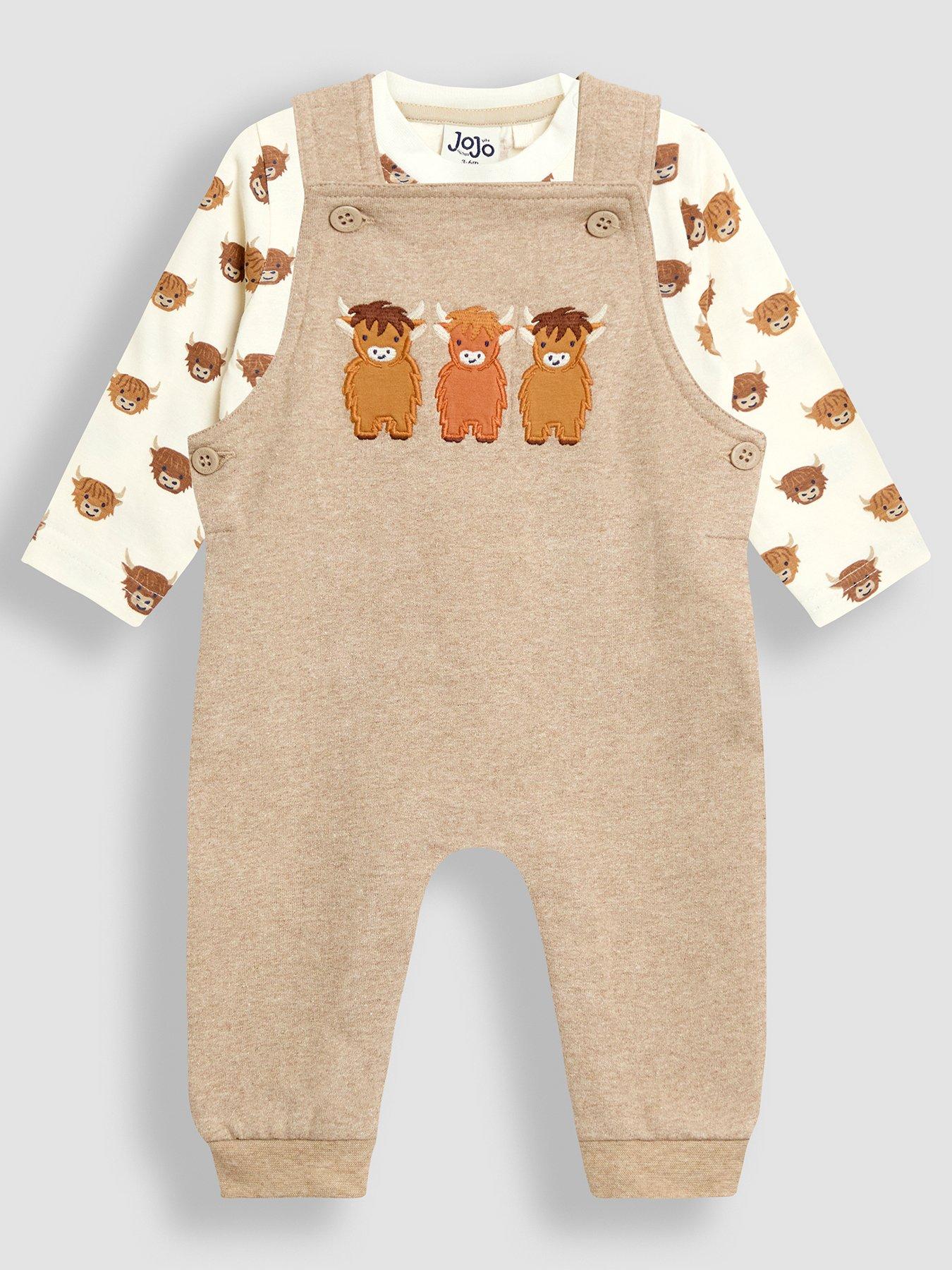 undefined Baby Boys 2-Piece Highland Cow Dungarees and Top Set - Beige