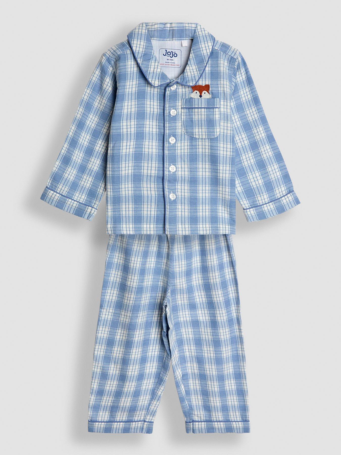 Image 1 of 6 of JoJo Maman Bebe Toddler Boys Woven Check Fox Character Pyjamas - Blue