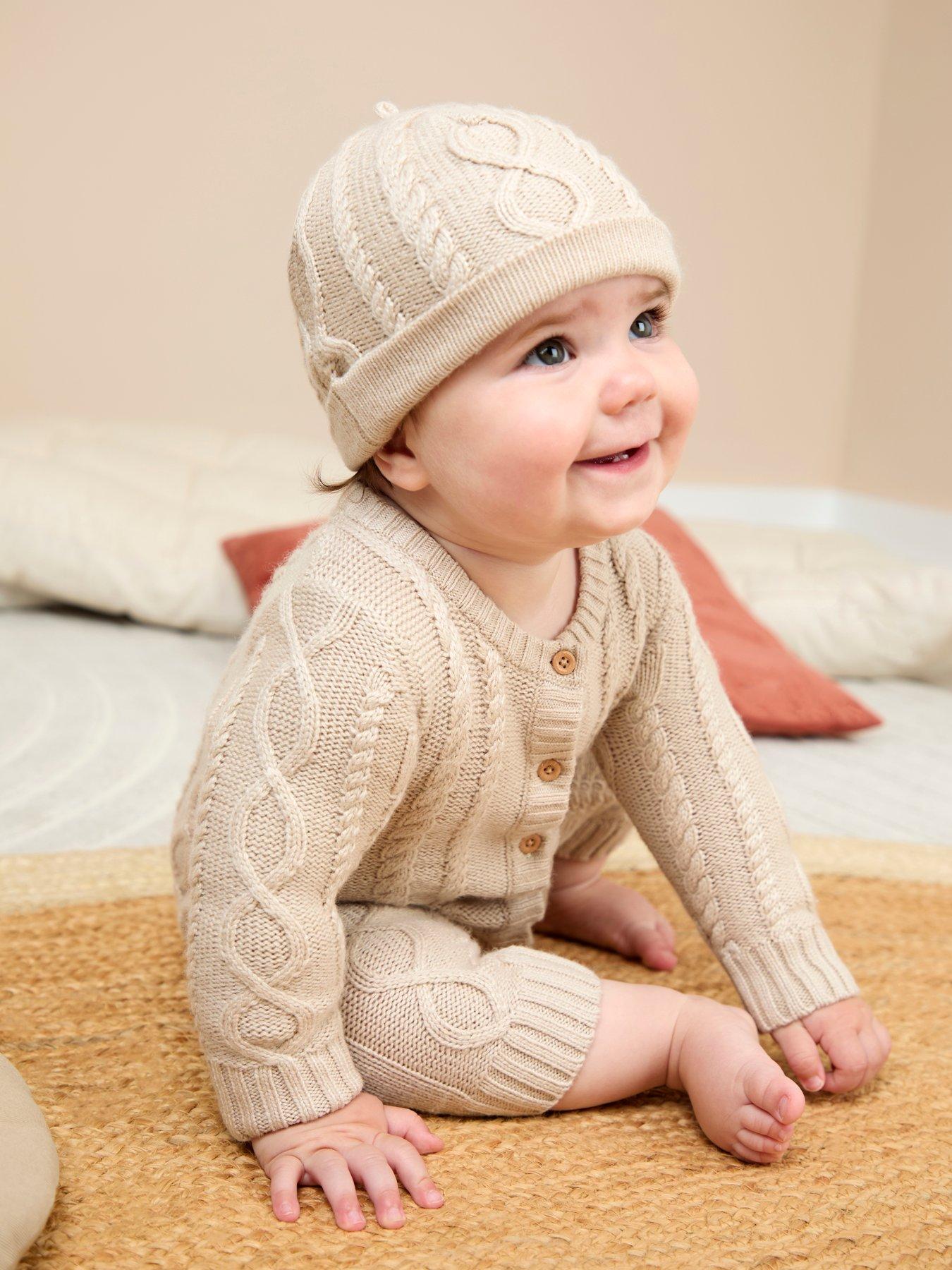 JoJo Maman Bebe Baby Boys Cable Knit All-In-One with Hat - Beige
