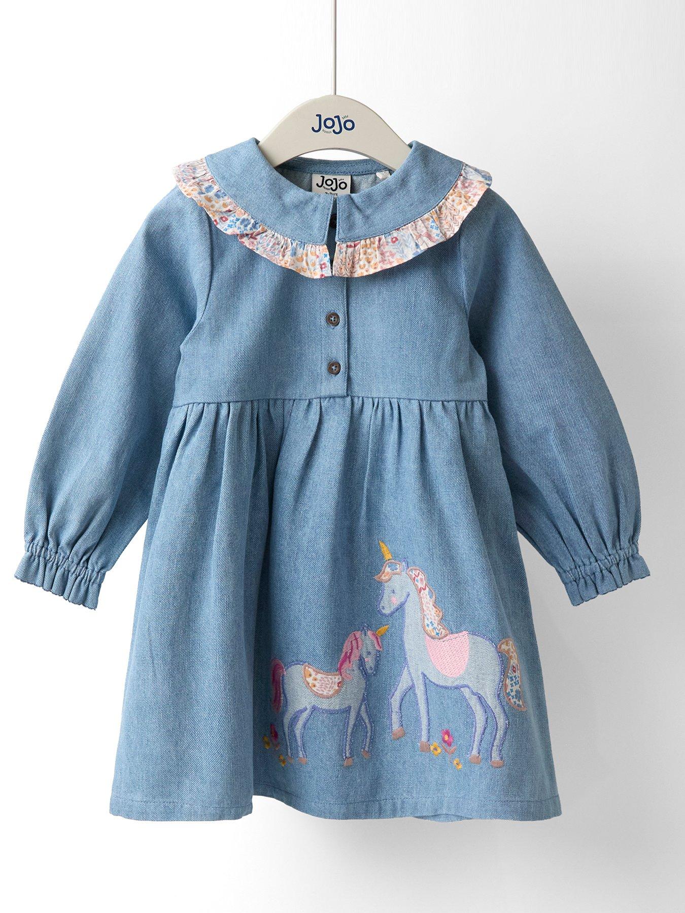 JoJo Maman Bebe Toddler Girls Unicorn Applique Frill Collar Denim Dress - Blue