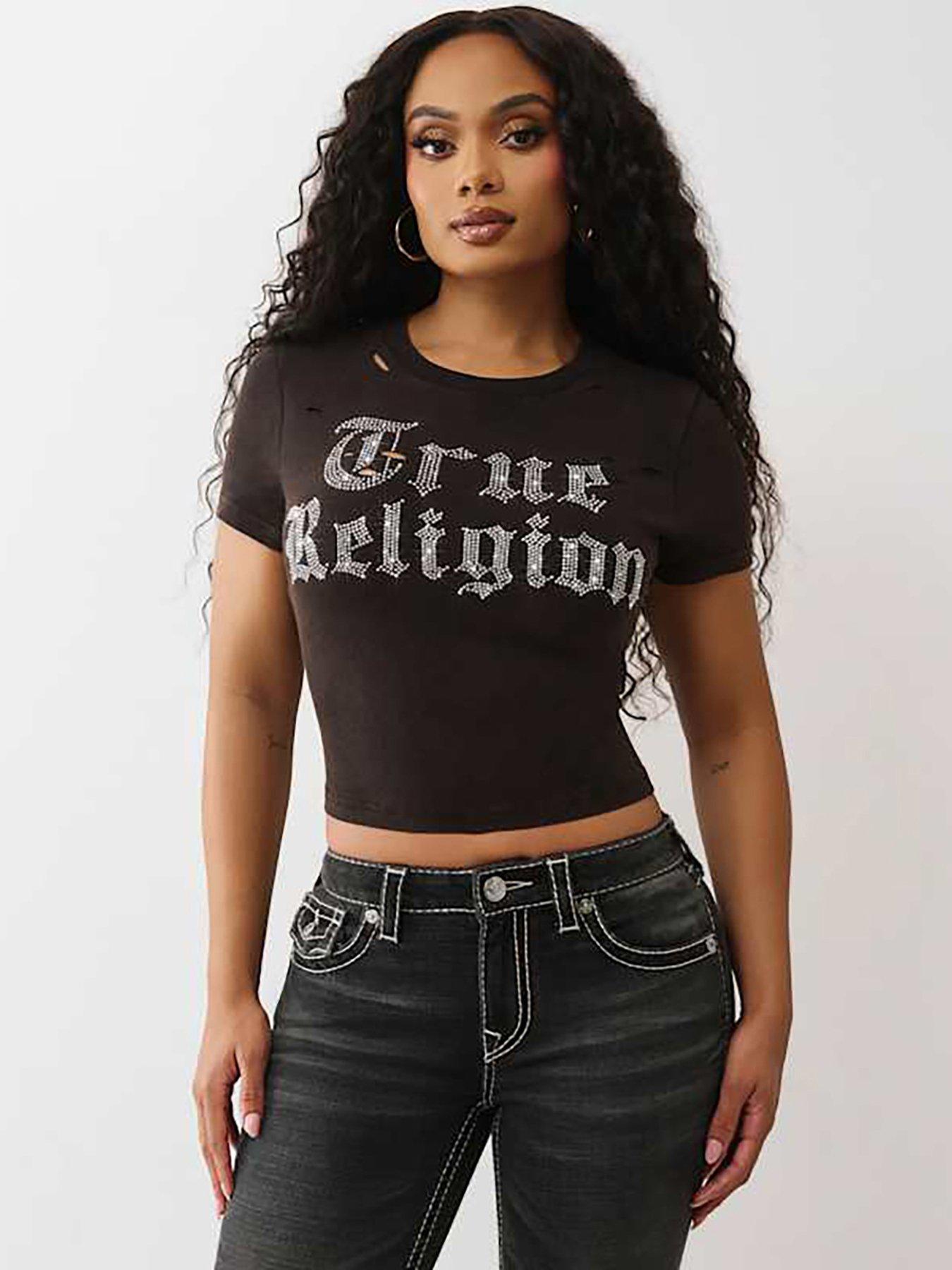 TRUE RELIGION Washed Distressed Crystal Baby T-Shirt - Black
