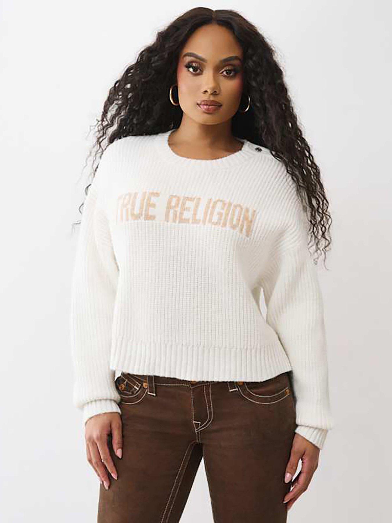 TRUE RELIGION Embroidered Off Shoulder Sweater - White