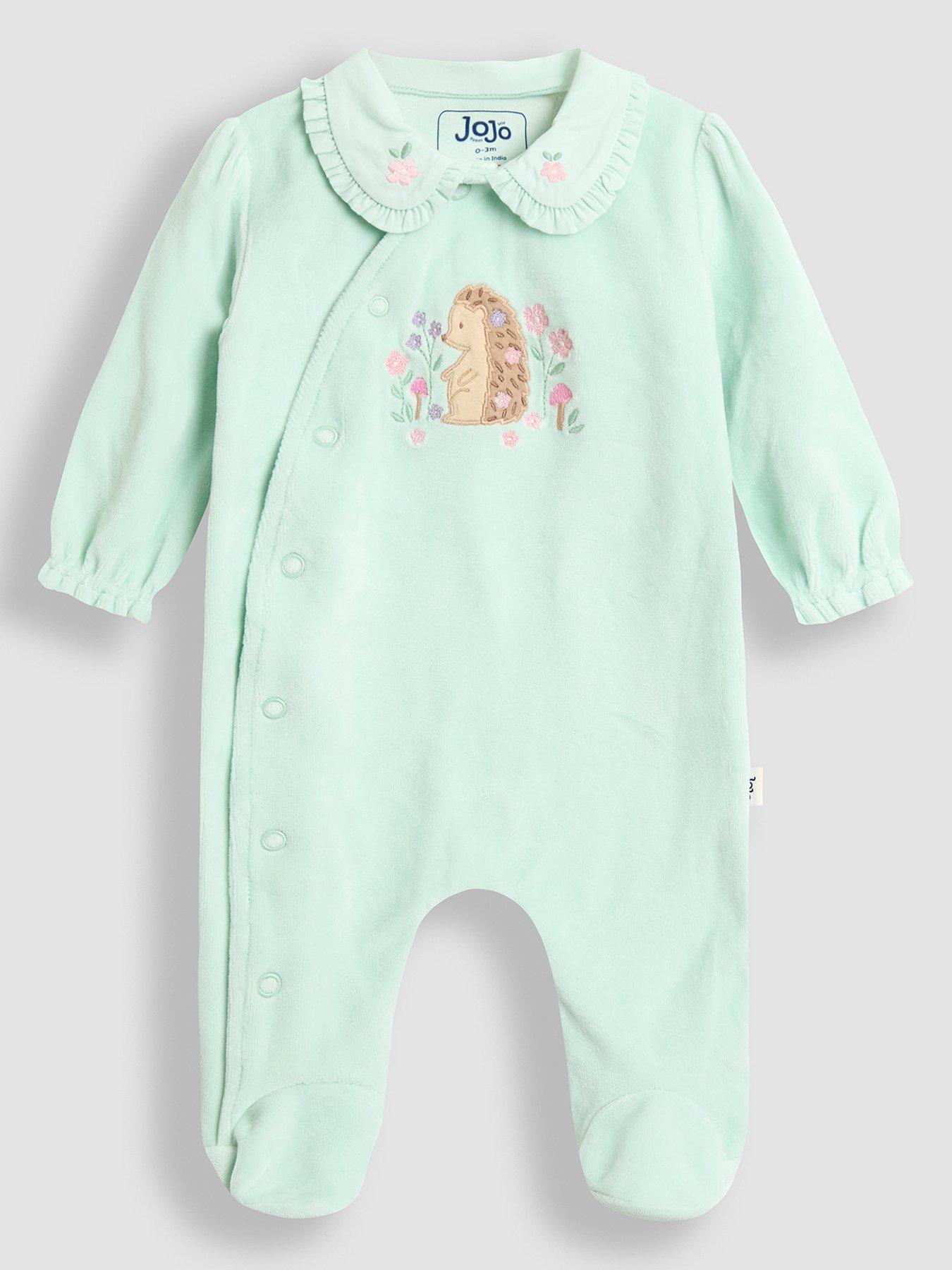 JoJo Maman Bebe Baby Girls Hedgehog Velour Applique All-In-One - Blue