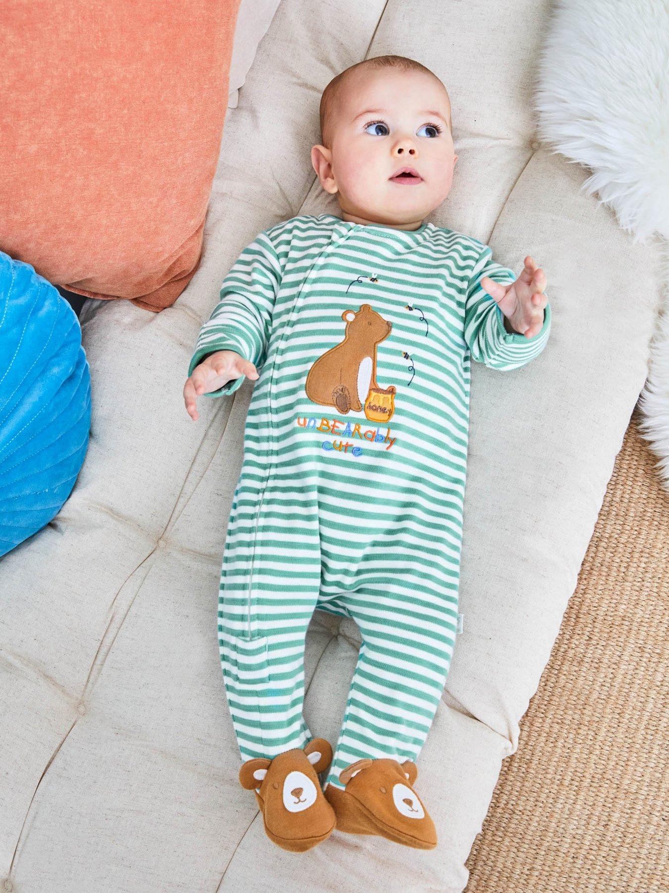 JoJo Maman Bebe Baby Unisex Bear Applique Zip Sleepsuit - Green