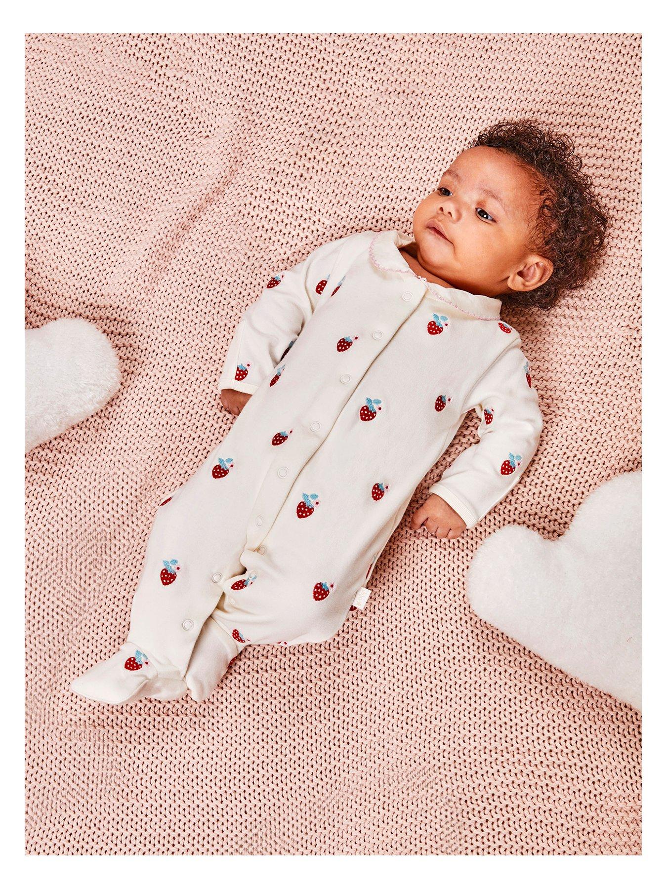 JoJo Maman Bebe Baby Girls Strawberry Embroidered Sleepsuit - Cream