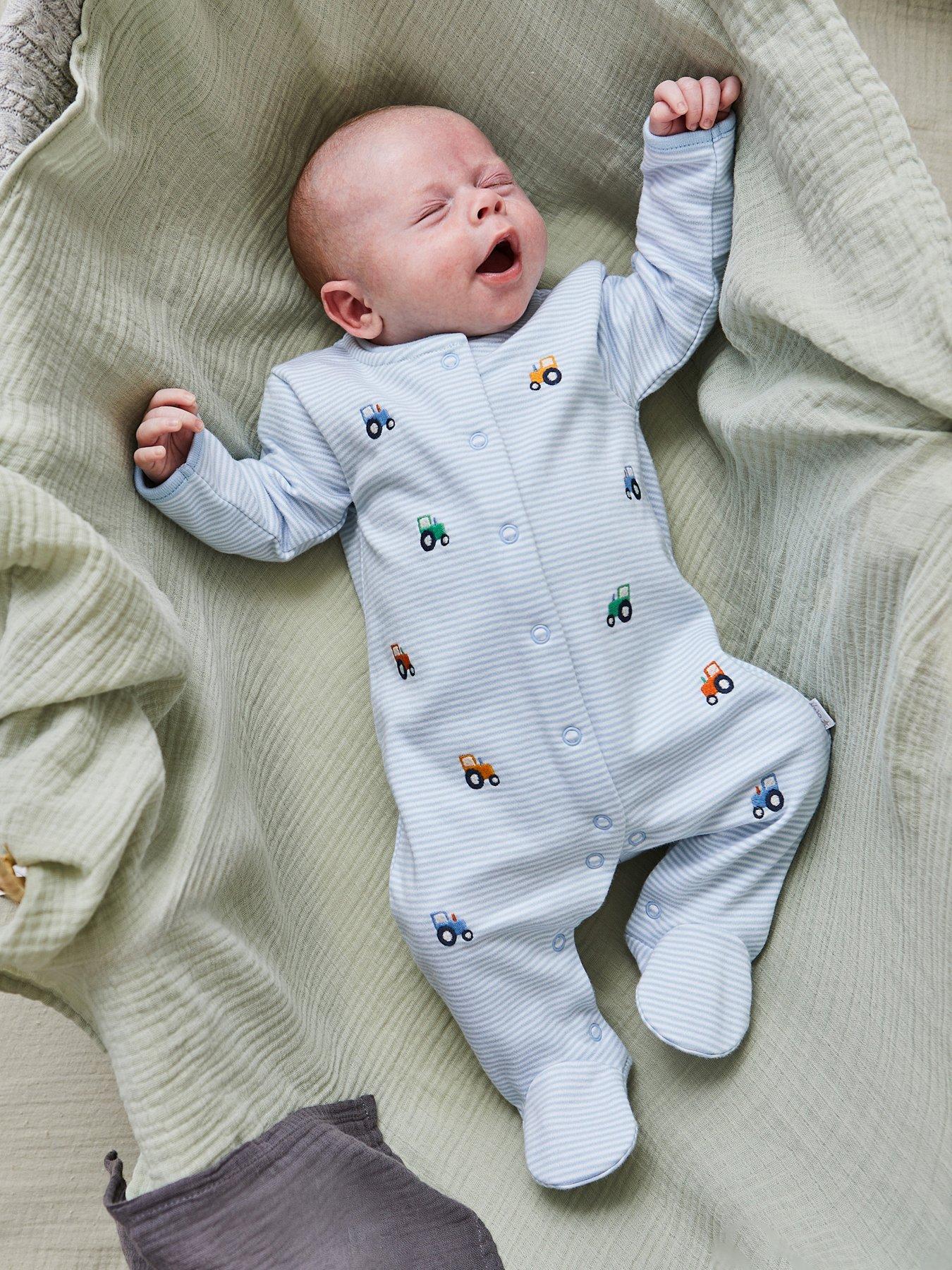 JoJo Maman Bebe Baby Boys Tractor Embroidered Sleepsuit - Blue