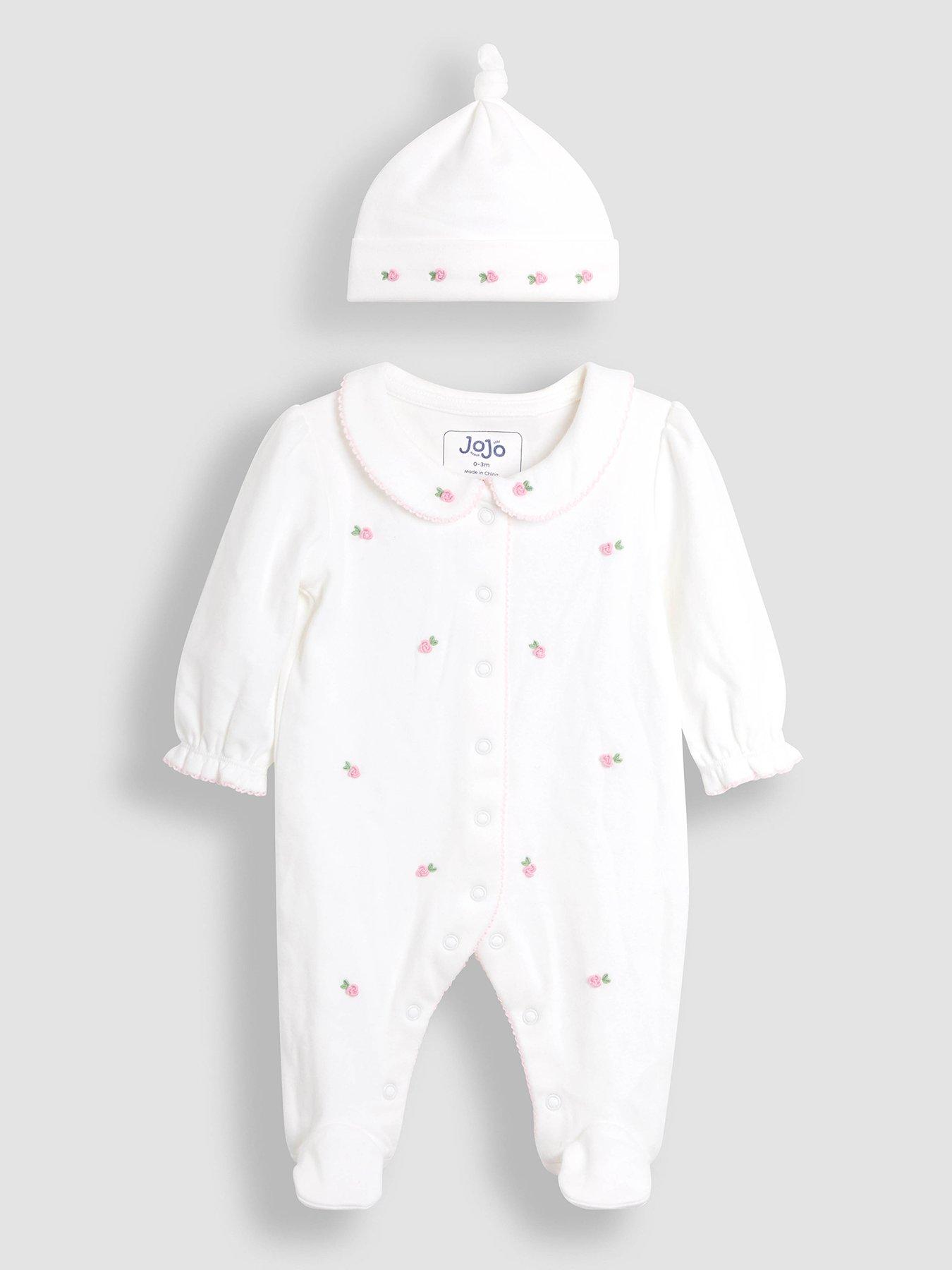 JoJo Maman Bebe Baby Girls Rosebud Embroidered Sleepsuit And Hat Set - Cream