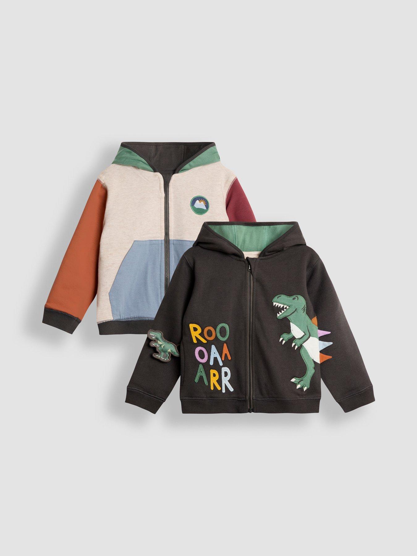 JoJo Maman Bebe Toddler Boys T-Rex Applique Reversible Hoodie - Grey