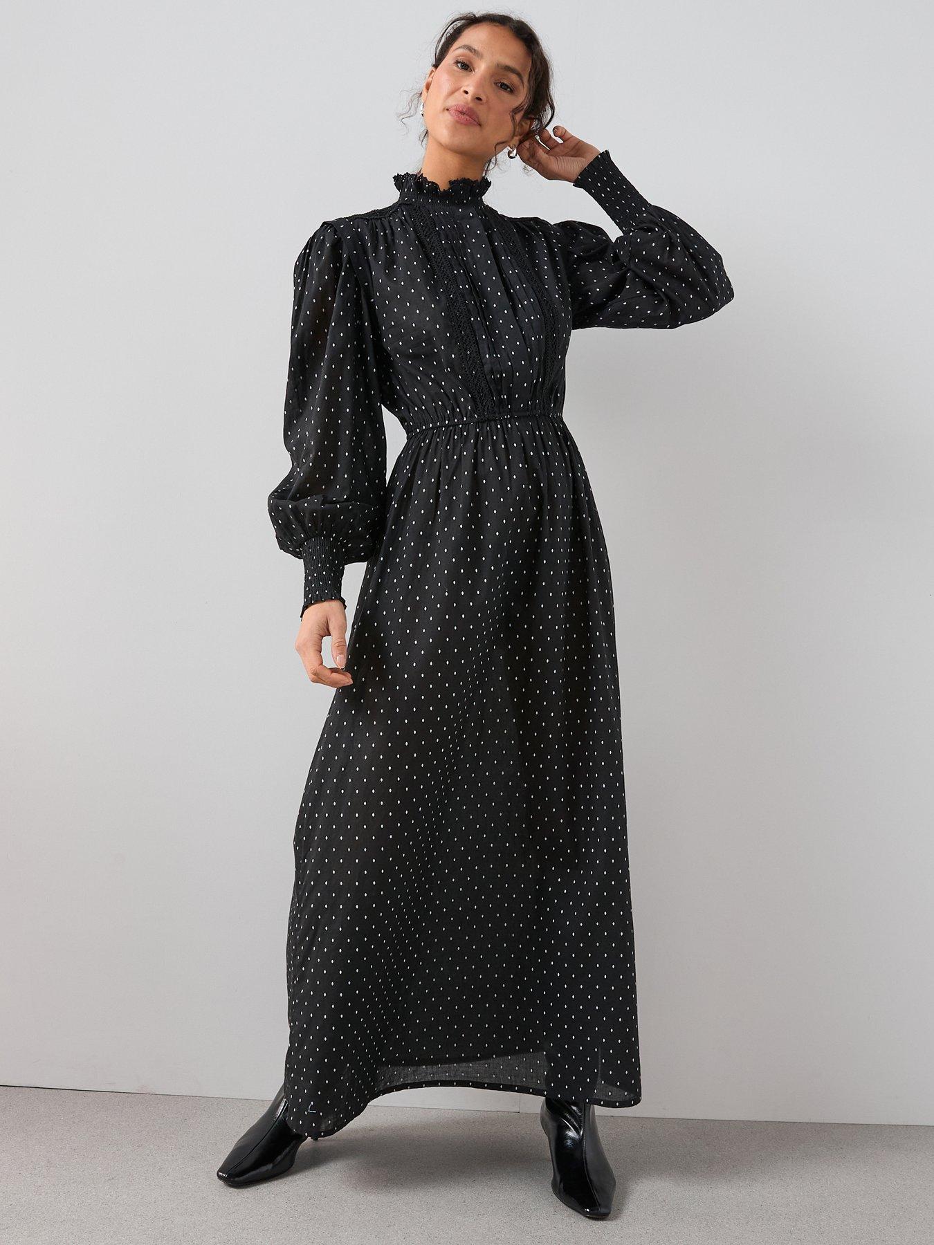 The Very Collection Polka Dot High Neck Midi Dress - Black
