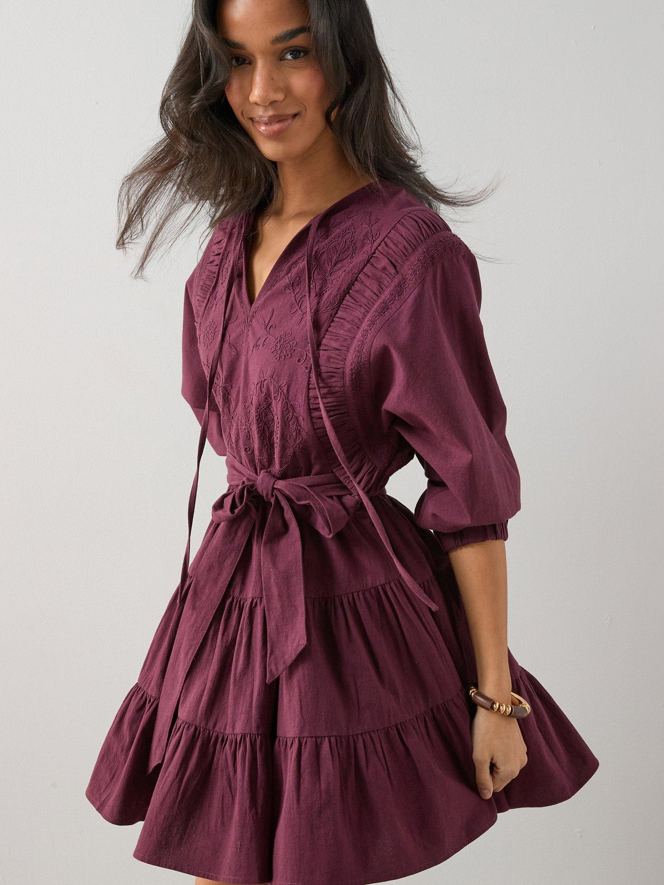 The Very Collection Embroidered Bat Wing Sleeve Belted Mini Dress - Burgundy