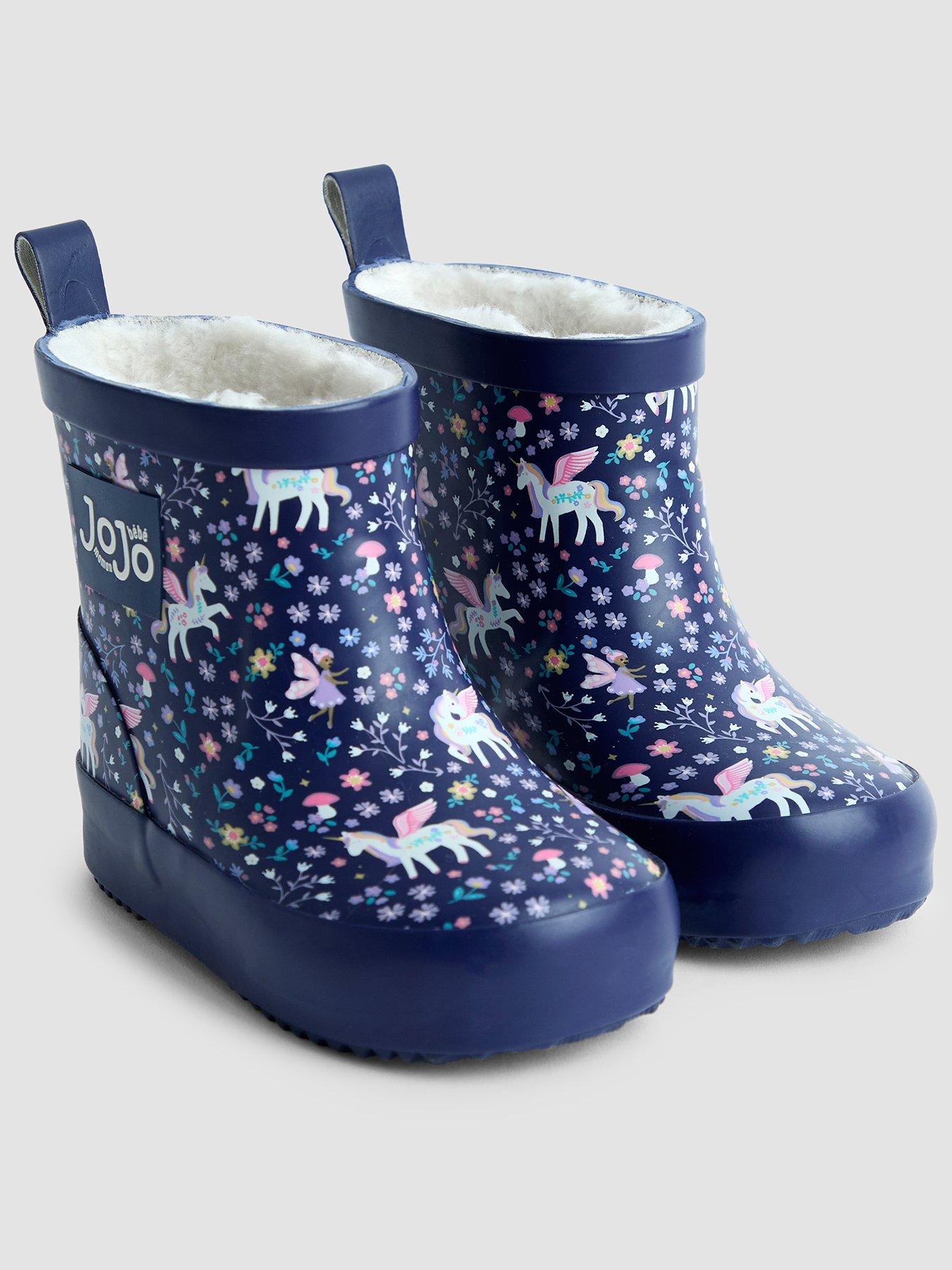 JoJo Maman Bebe Toddler Girls Short Cosy Lined Unicorn Print Wellie Boots - Navy