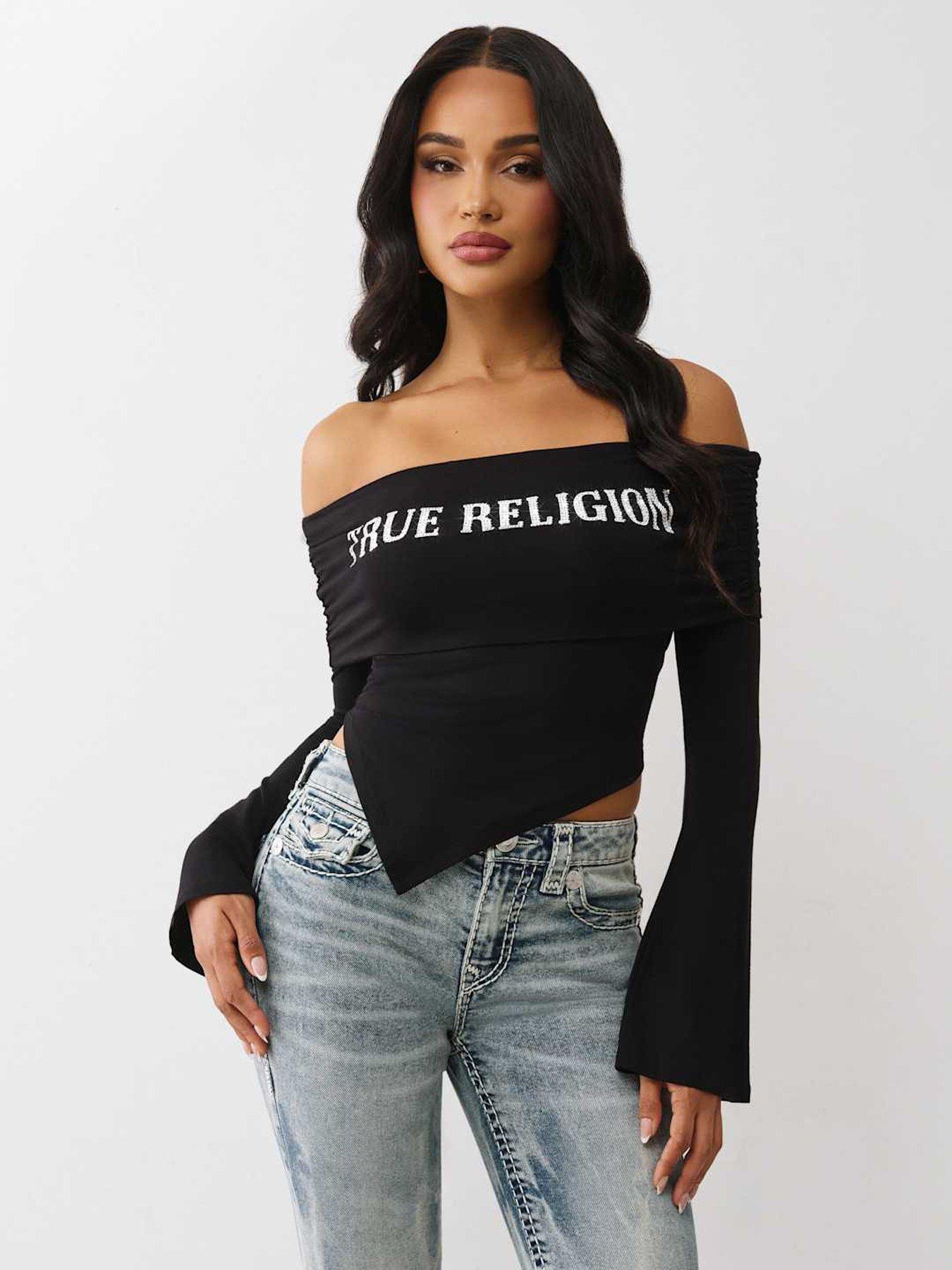 TRUE RELIGION Crystal Asymmetrical Off Shoulder Top - Black