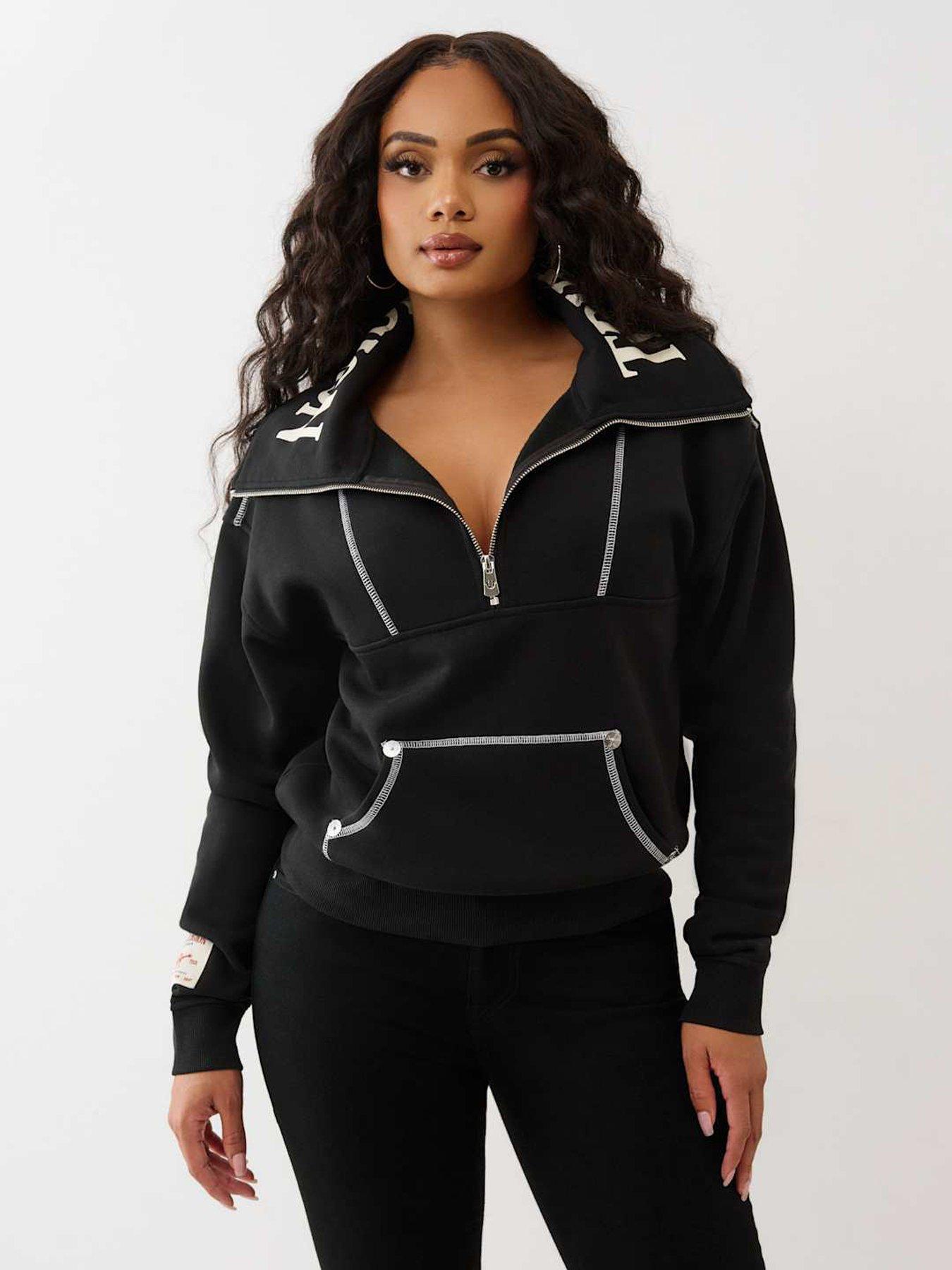 TRUE RELIGION Contrast Stitch Half Zip Pullover - Black