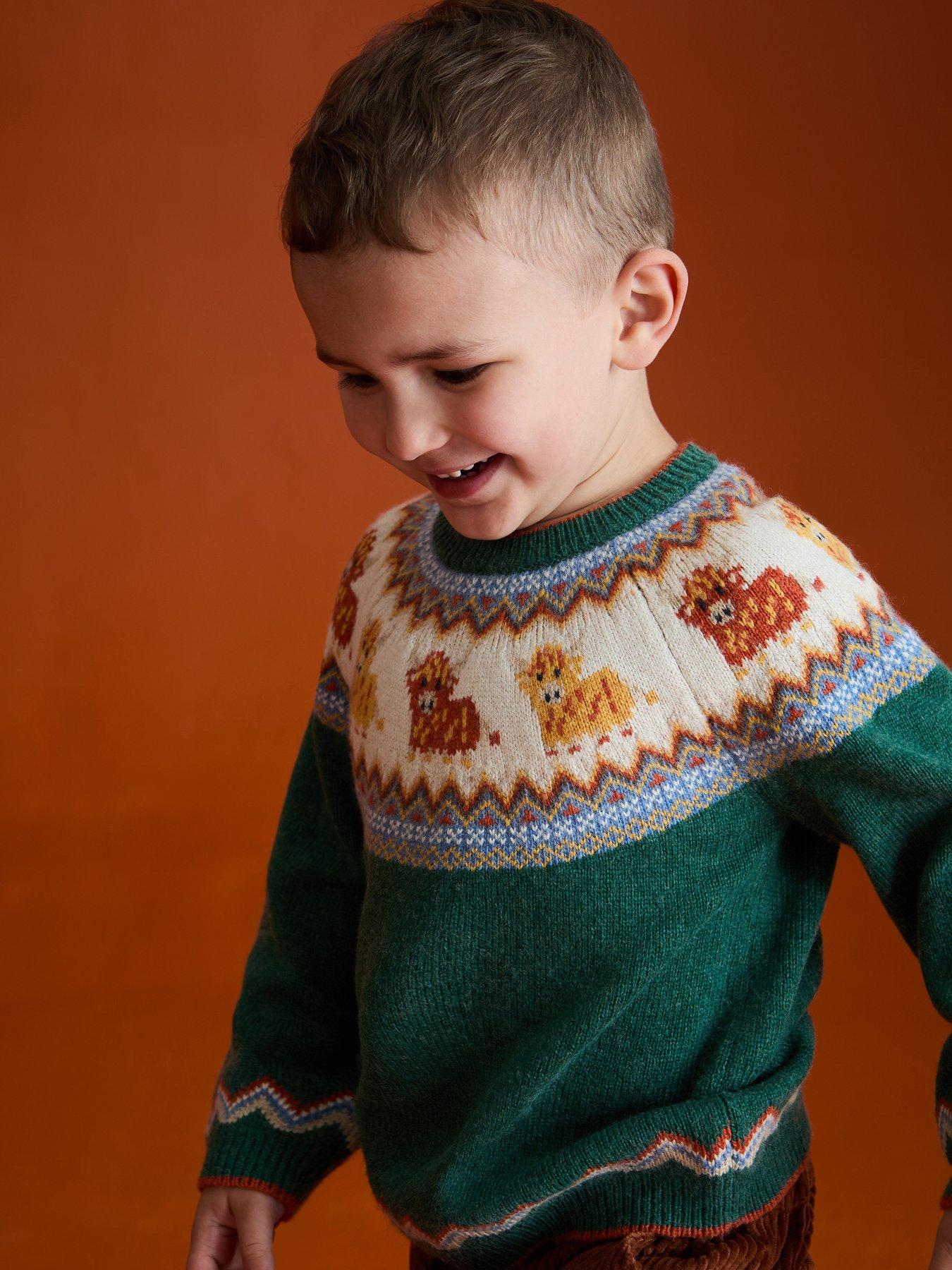 JoJo Maman Bebe Toddler Boys Highland Cow Fair Isle Jumper - Green