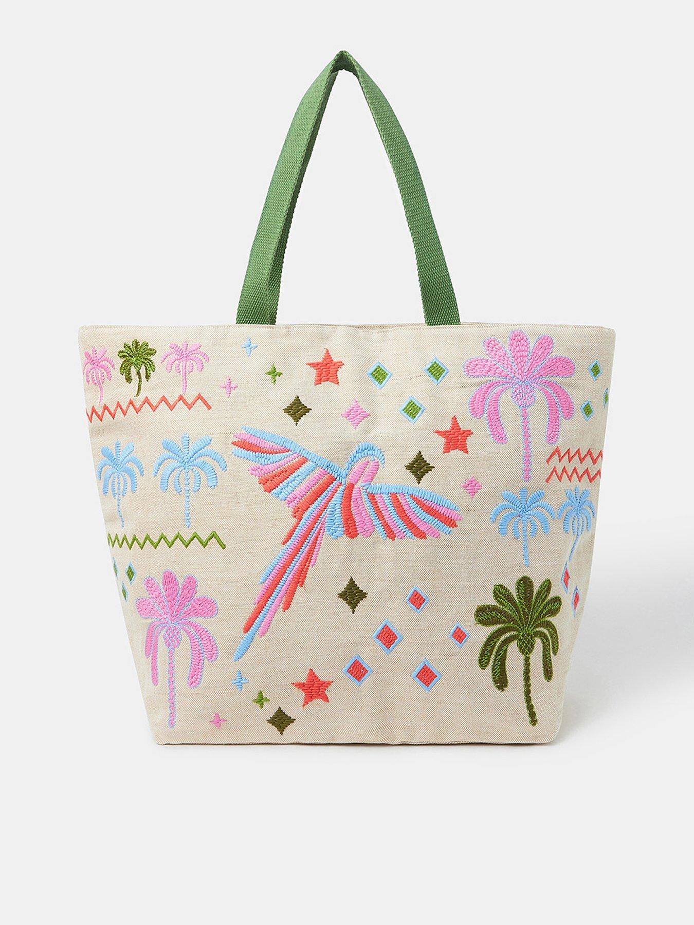 undefined Tropical Embroidered Tote Beach Bag - Cream