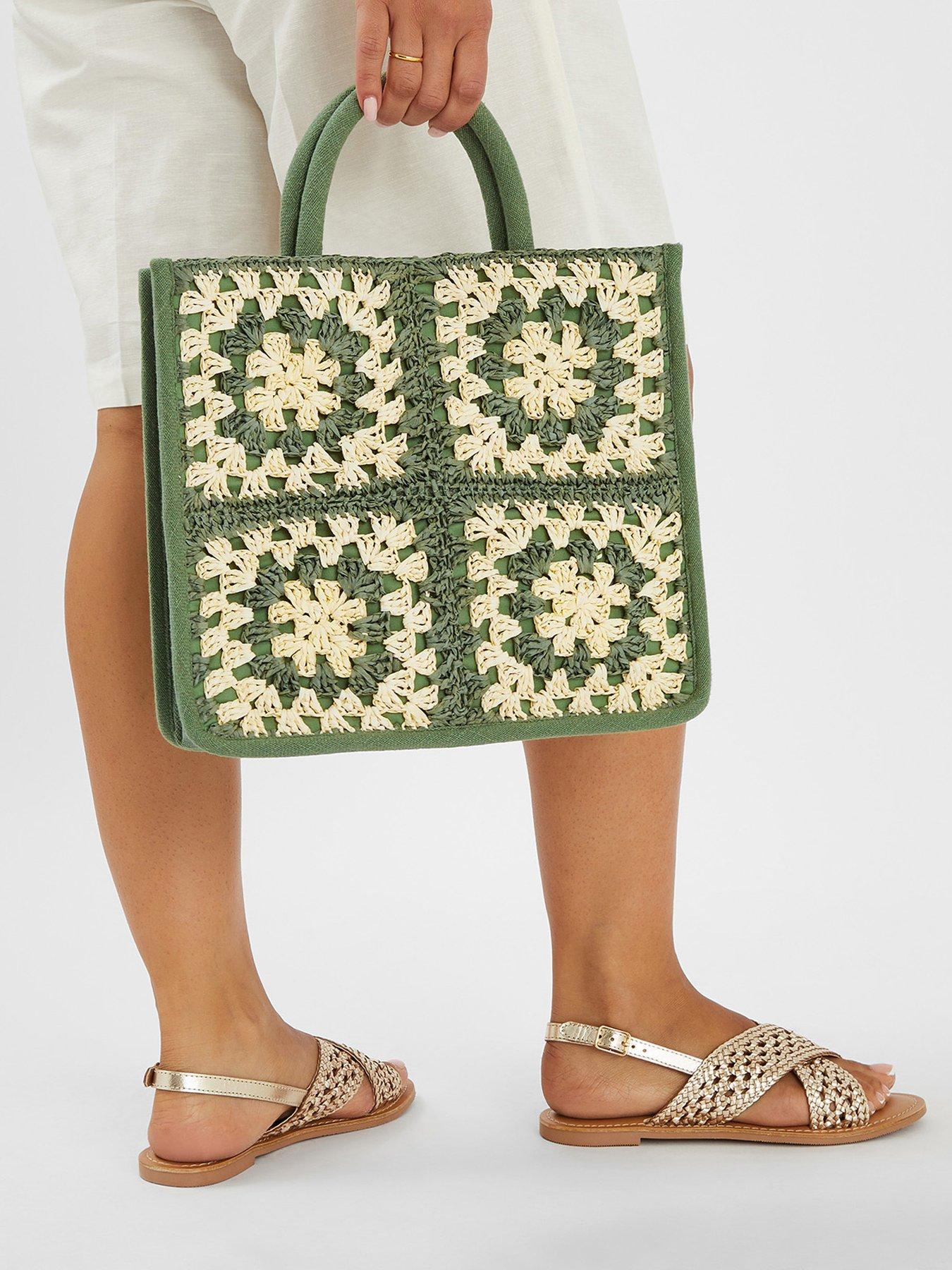 Image 2 of 5 of Accessorize Crochet Raffia Handbag - Green