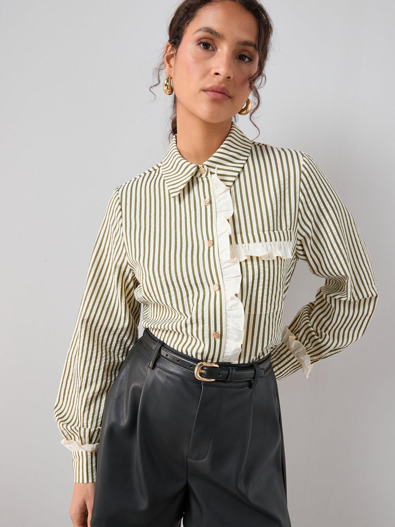 The Very Collection Frill Collar Stripe Shirt - Green