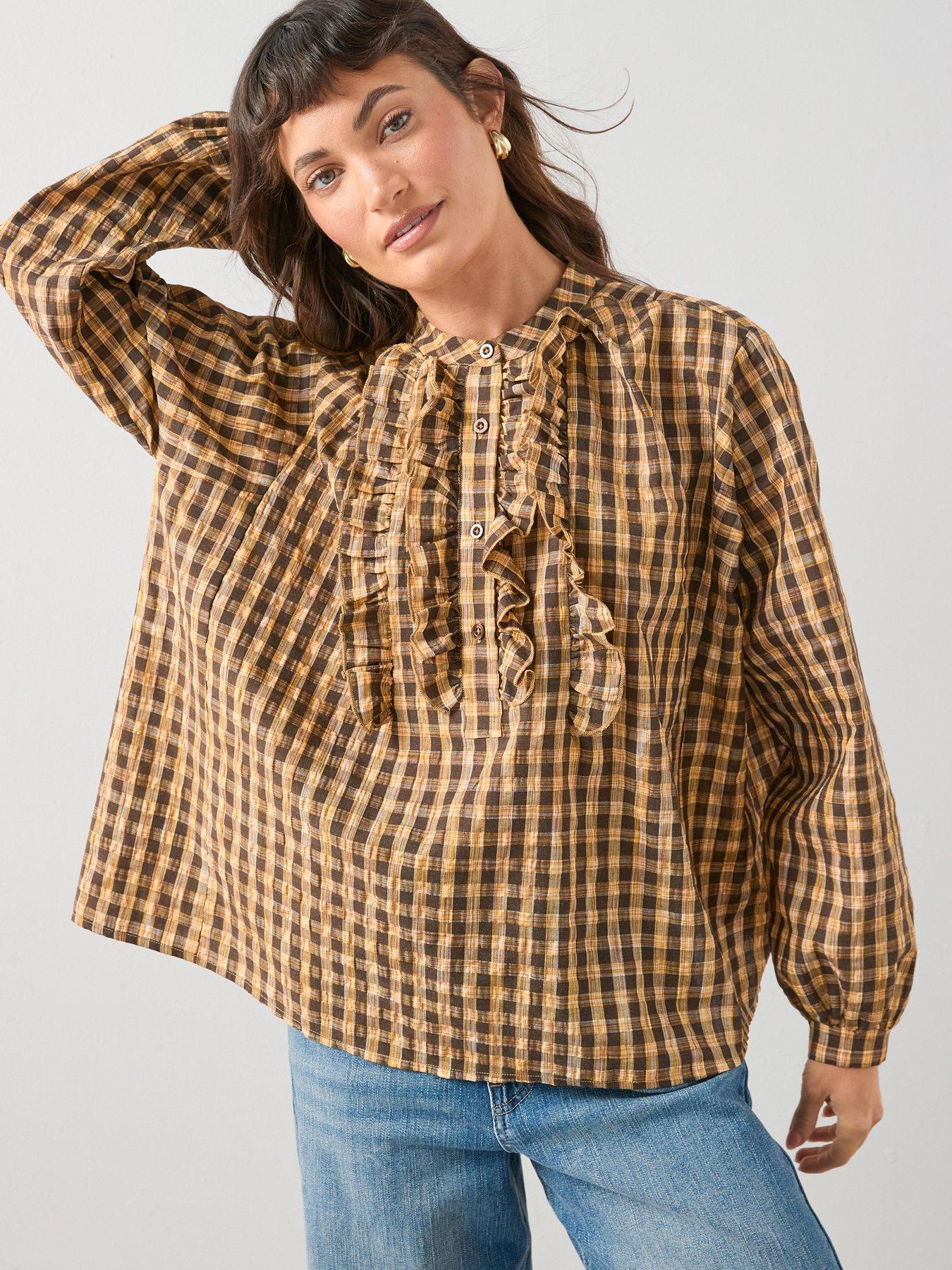 The Very Collection Cotton Ruffle Check Blouse - Yellow