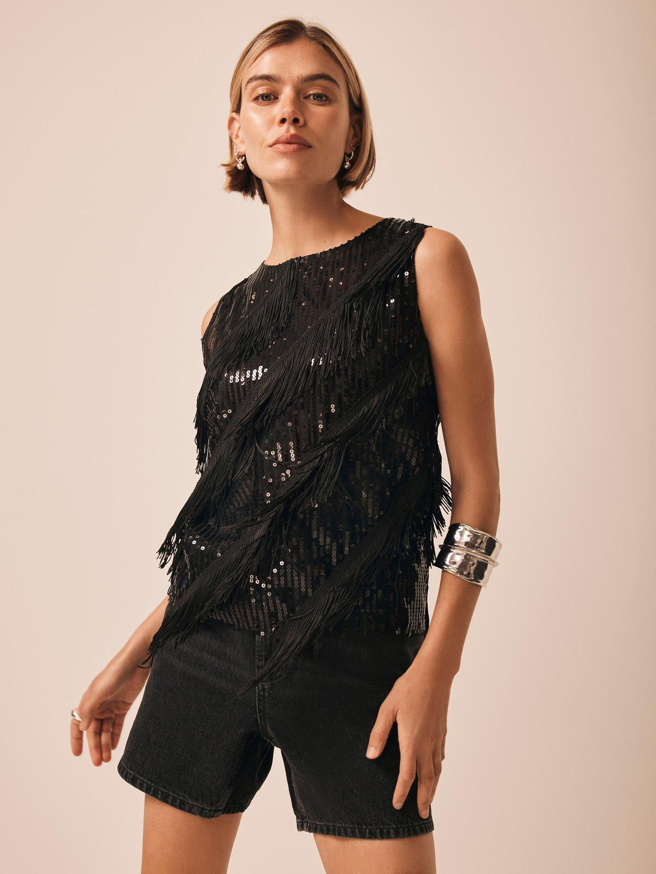 undefined Sequin Fringe Top - Black